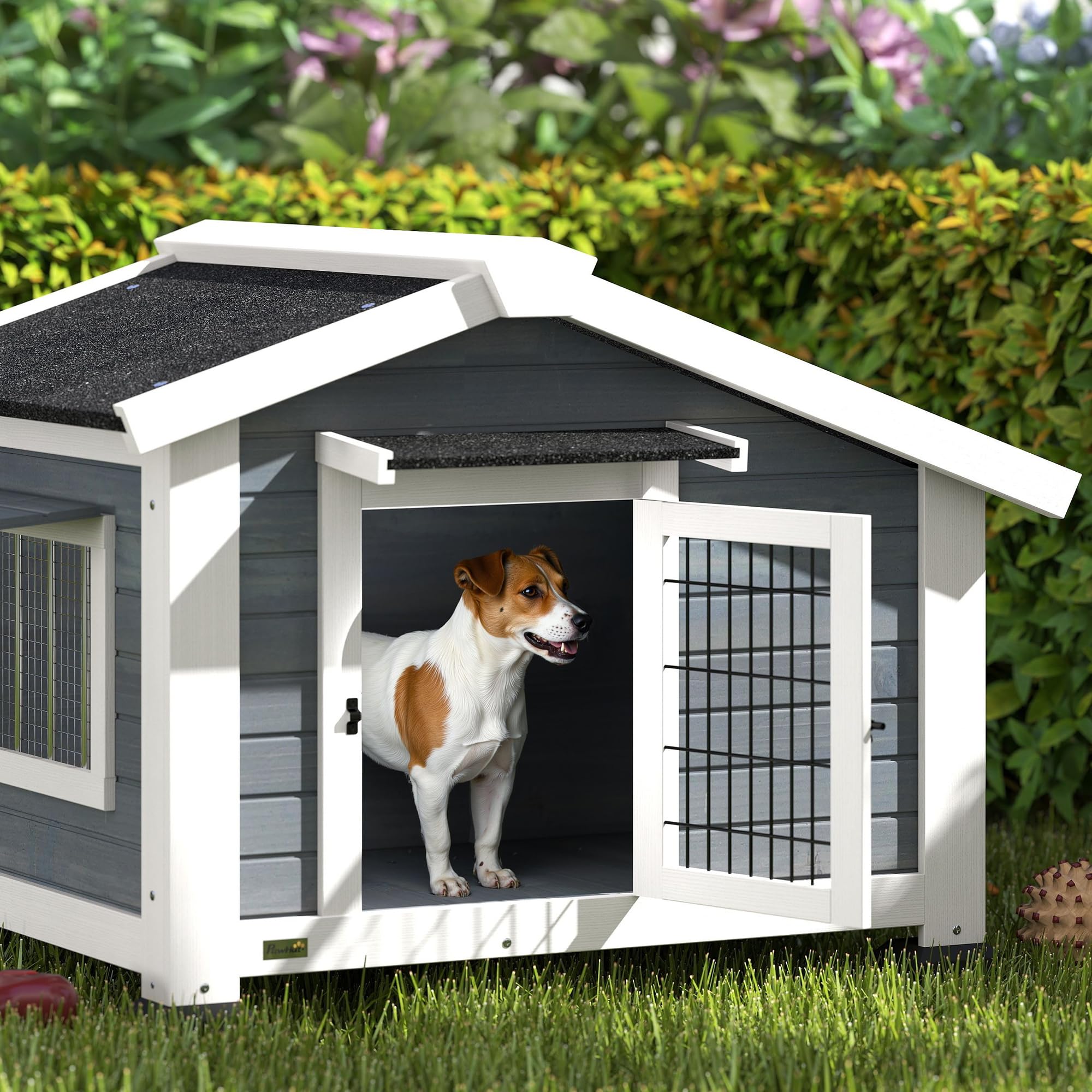 PawHut Caseta para Perros Exterior de Madera, Casa para Perros Medianos con Techo Asfático, Suelo Extraíble, Ventana Abatible y Puerta Ventilada, Base Elevada, 98x76x69,5 cm, Gris