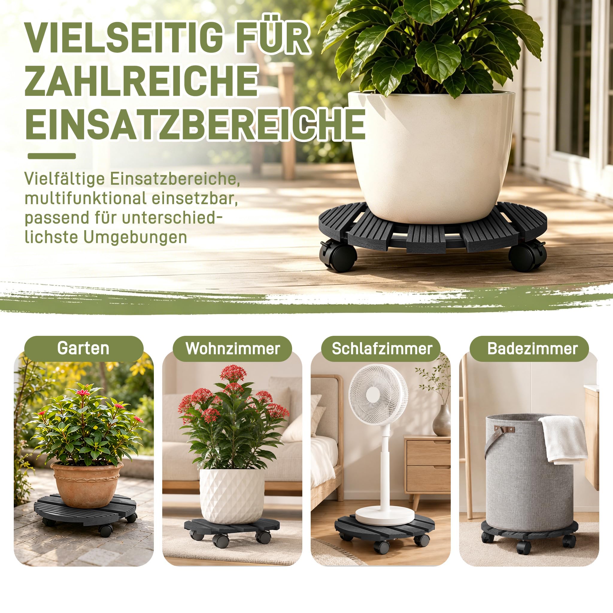 XMTECH 2x WPC-Pflanzenroller Witterungsbestaendig 100 kg Tragkraft, Pflanzenroller & Blumenroller ø30cm für Außenbereich + Innenbereich, Rollbrett Pflanzen, Untersetzer mit Rollen, Rund, Anthrazit
