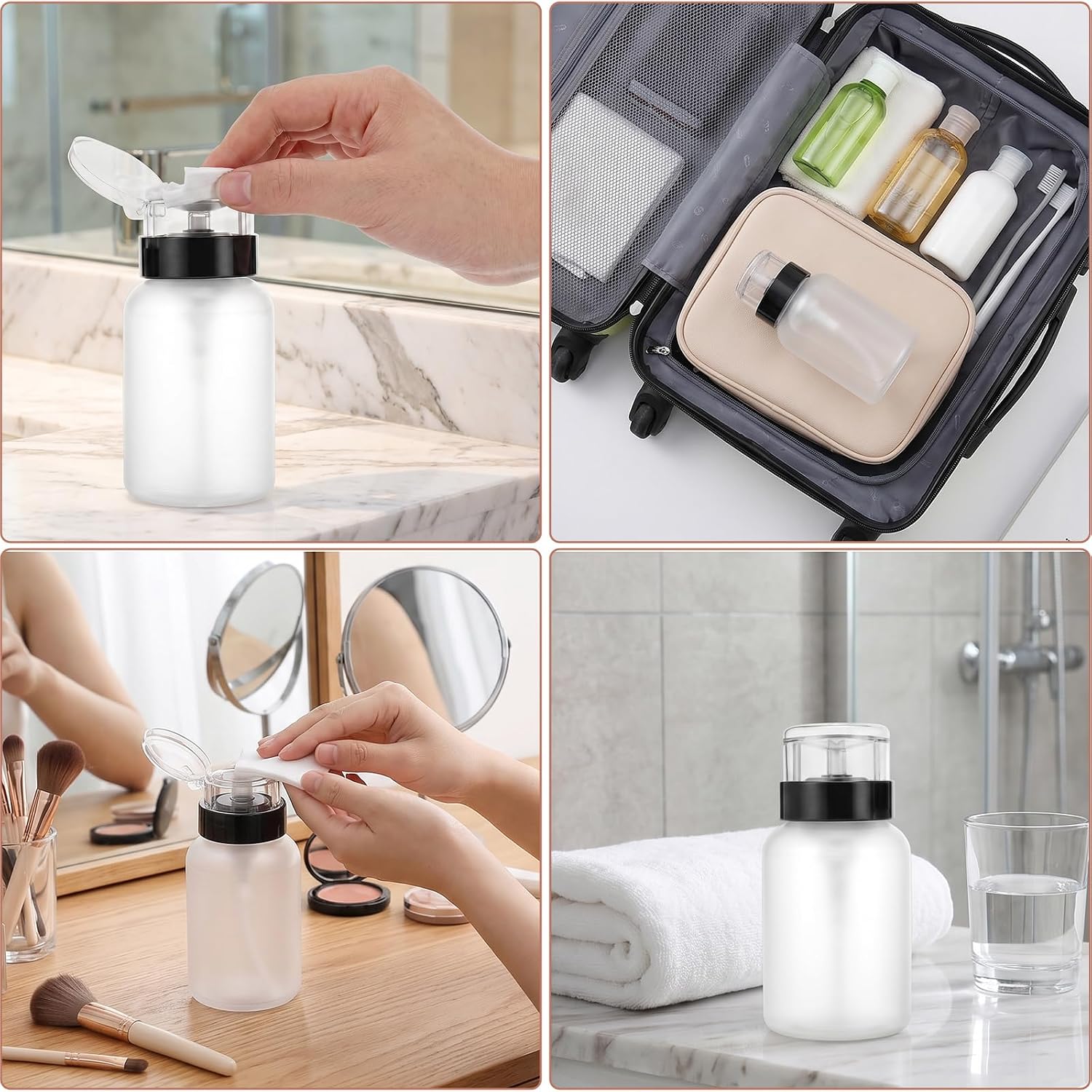 Thinp 3 Pcs Push Down Pump Dispenser, 7.5oz/220ml Empty Pump Bottle Dispenser with Lockable Flip Cap Push Top Nail Polish Remover Pumps for Nail Polish Makeup Remover Essence