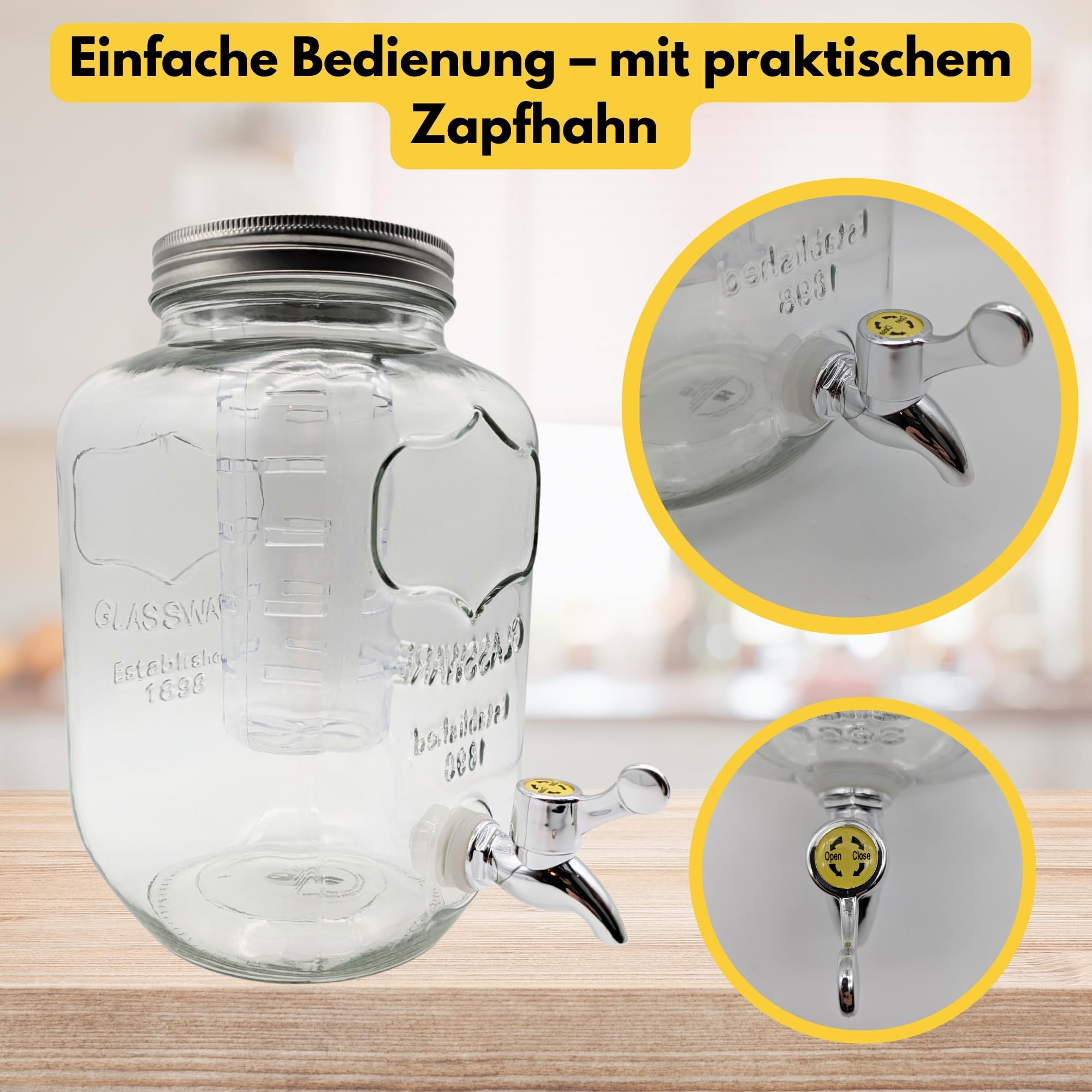 Getränkespender 4 Liter aus Glas Saftspender mit Zapfhahn und Fruchteinsatz ideal für Limonaden Wasserspender & GRATIS HLKauf-Block