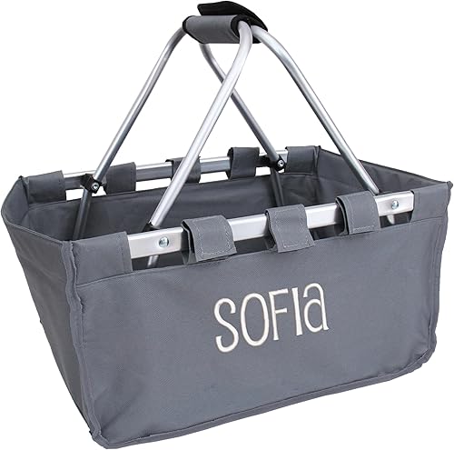 Threadart Cesta de mercado plegable grande bordada personalizada, color gris, marco de aluminio, tela de poliéster, práctico diseño plano plegable,