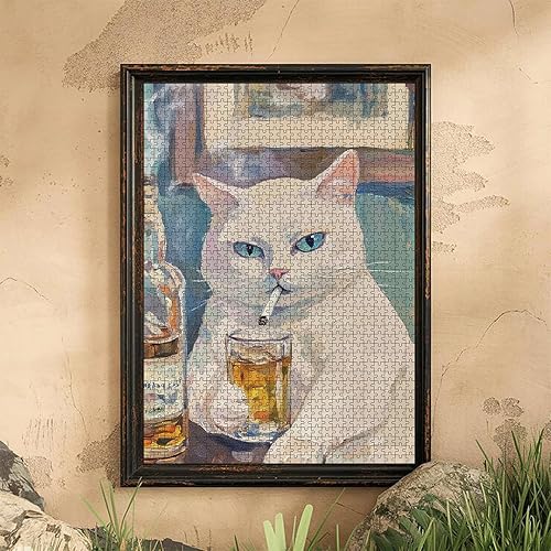 Miniatura 2 de Retro Cat Bar Scene Wooden Puzzle White Cat Vintage Painting Style 1000 Piece Puzzle for Adults 19.7x27.6in