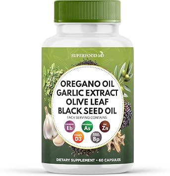 Superfood MD Oregano Oil Garlic Extract Olive Leaf Black Seed Oil Astragalus- for Women and Men- 60 Count