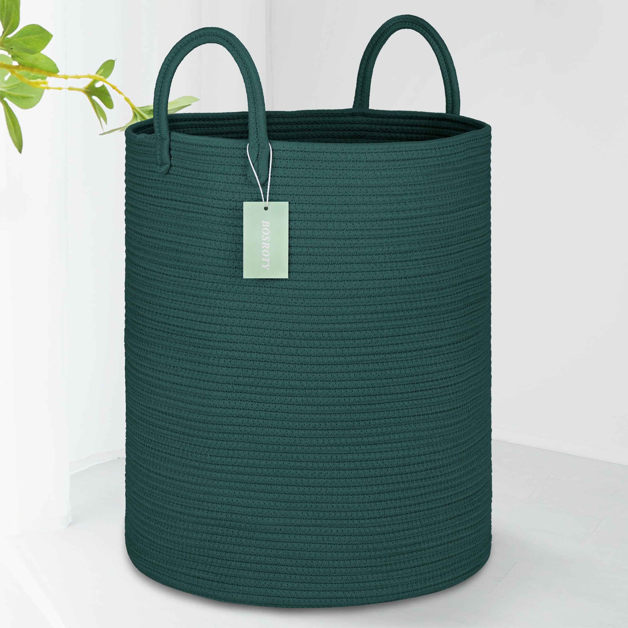 Large Cotton Rope Laundry Hamper for Clothes 65L, Dark Green