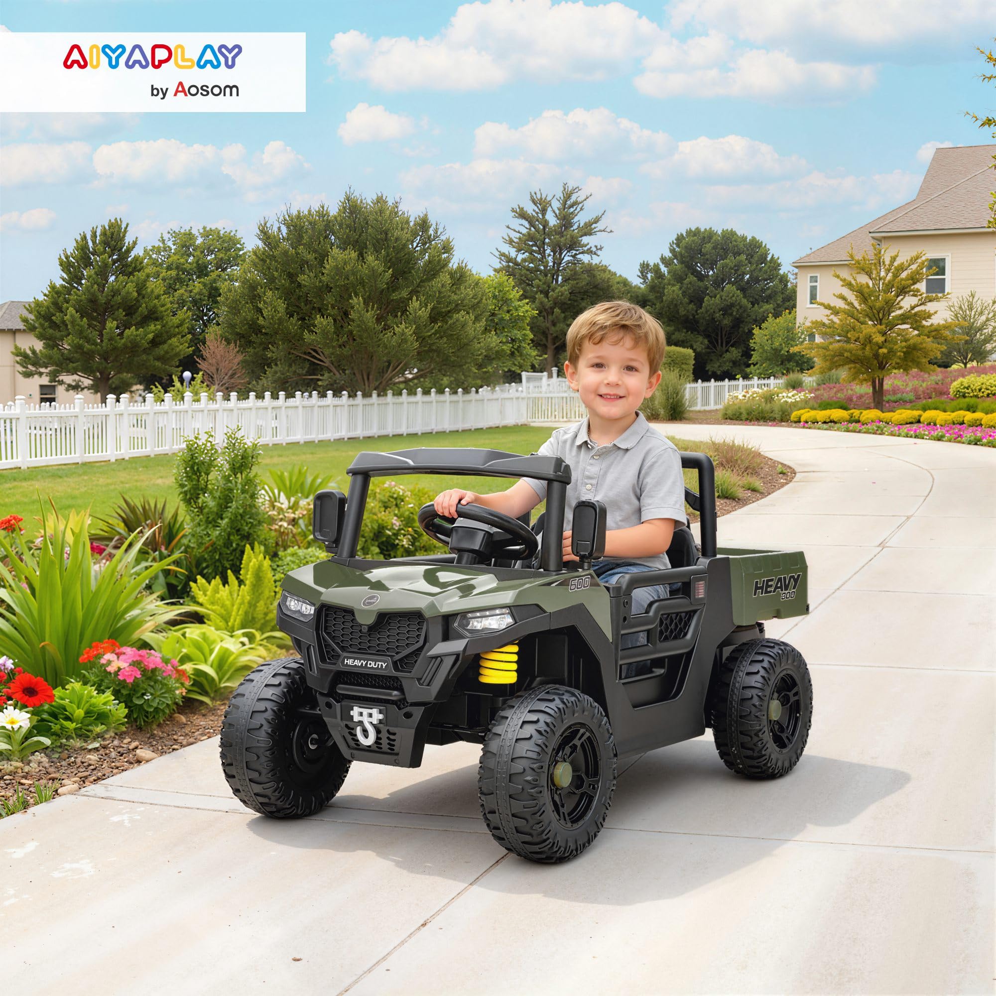 AIYAPLAY Macchina Elettrica per Bambini UTV 12V Fuoristrada Auto per Bambini con Bagagliaio, 2 Motori, Cintura 3 Punti, Telecomando, Sospensioni, USB, Musica, Luci, 1.8-3.7 km/h, 3-8 Anni, Verde