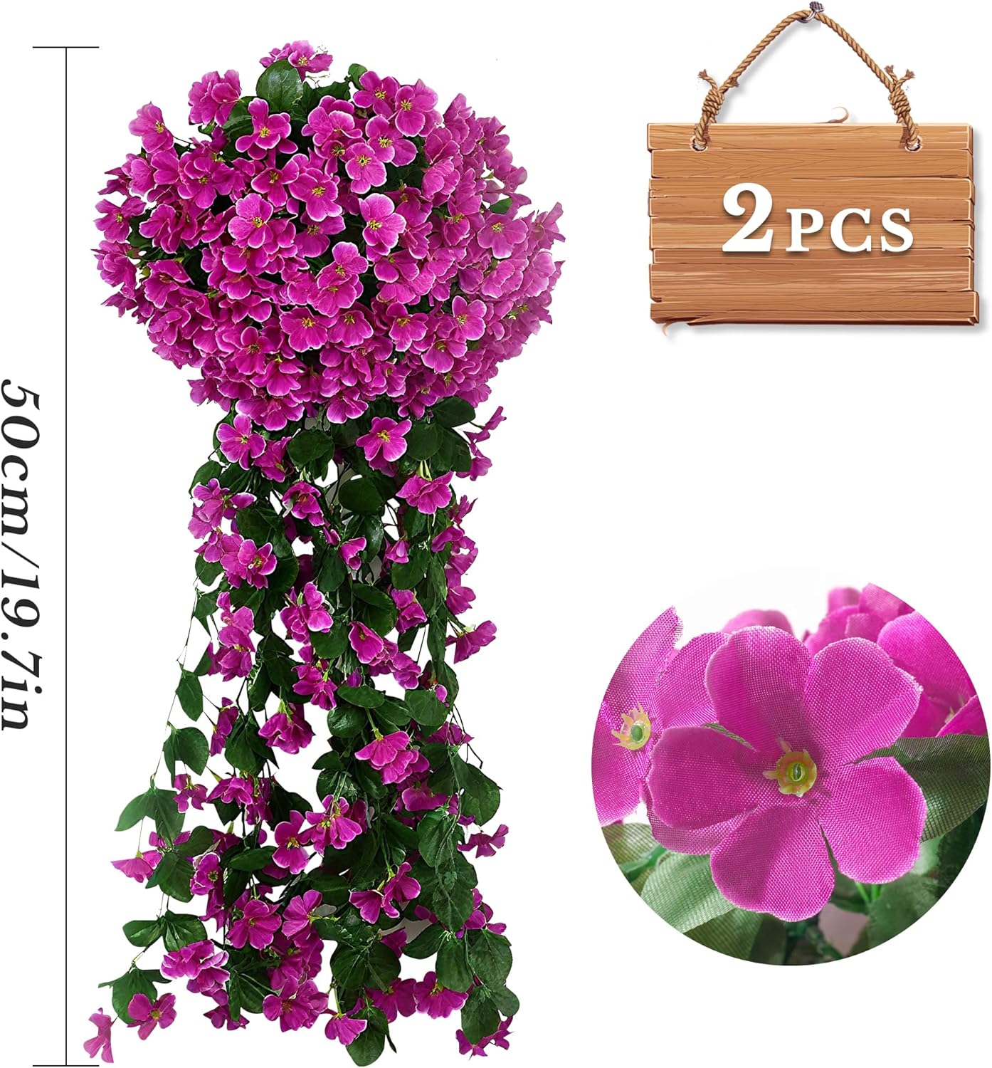 Fake Plants Violet Hanging Plants Artificial Flowers for Outdoors, 2 Pcs Large Bushy Silk Faux Flowers, Look Real Trailing Vines UV Resistant Plants for Outdoor Planters Home Porch Patio (2 Rose Red)