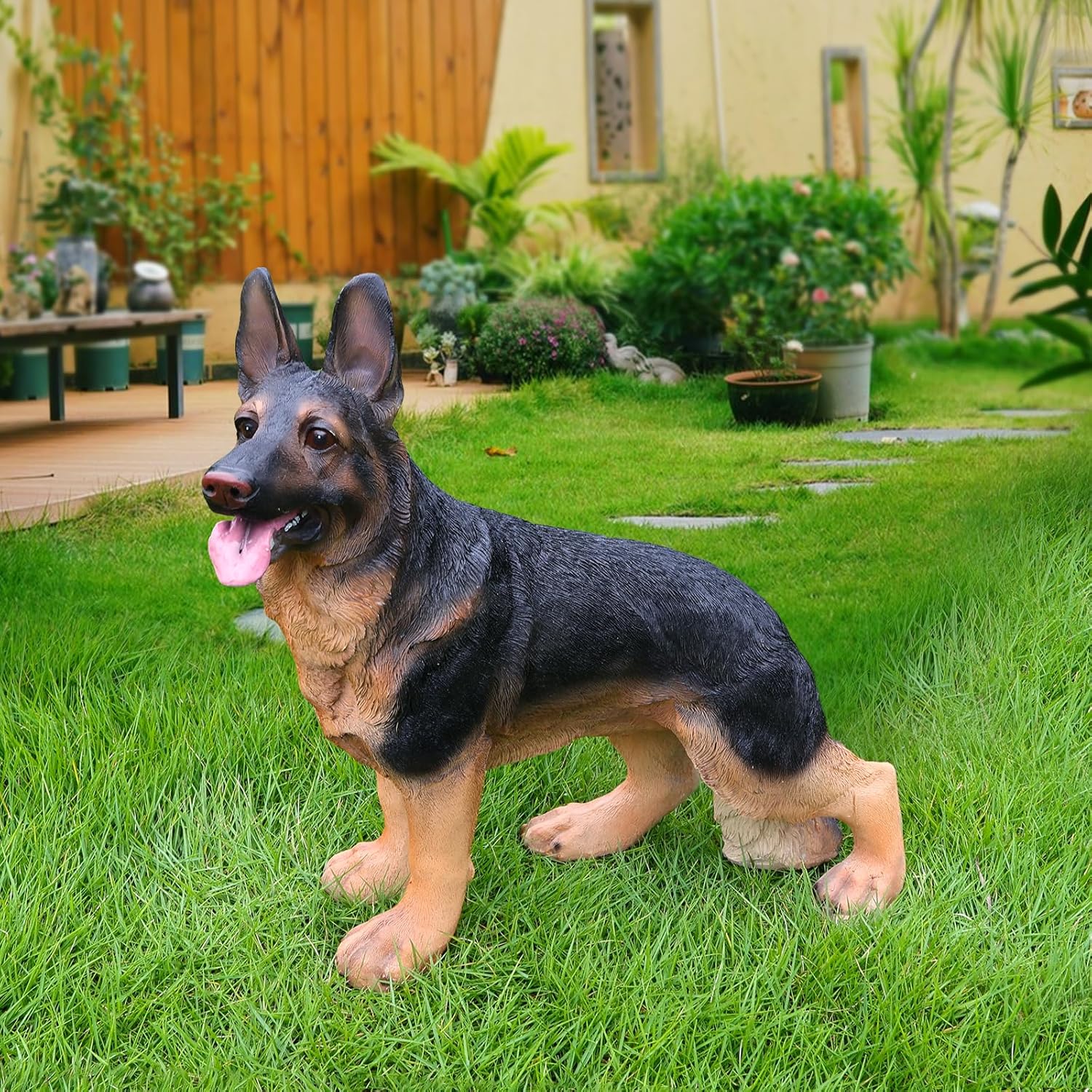 German Shepherd Garden Statue with Solar Lantern, Realistic Dog Sculpture for Yard Art, Birthday Gift for Women Mom Grandma, Housewarming Gift for New Home, Outdoor Resin Puppy Figurine