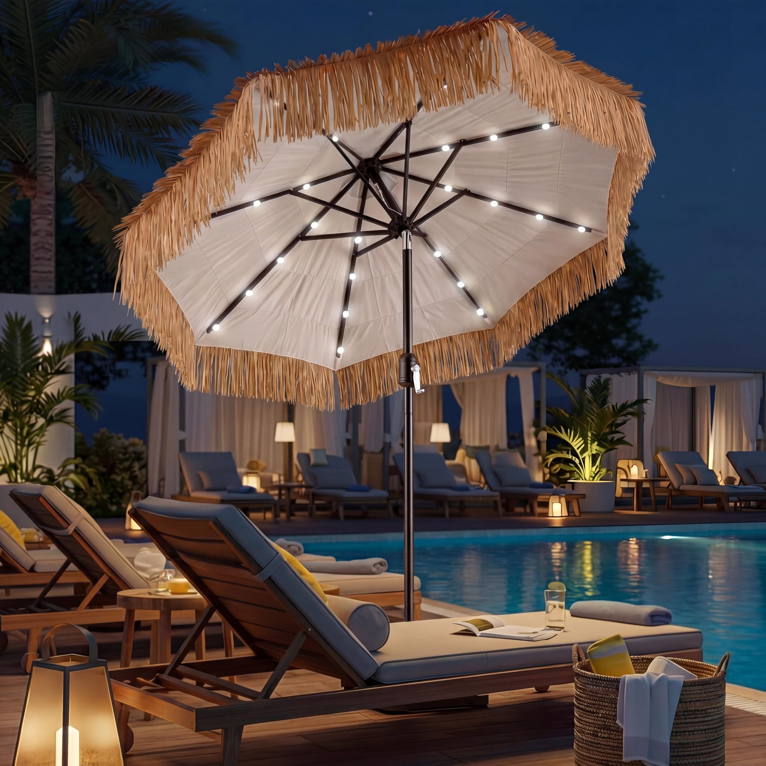 Photo 1 of CroBlissful 7.5 ft Solar Tiki Umbrella with 32 LED Lights, Hula Thatched Patio Umbrella, UPF 50+, Hawaiian Style Beach Parasol for Garden, Beach, Pool, and Backyard