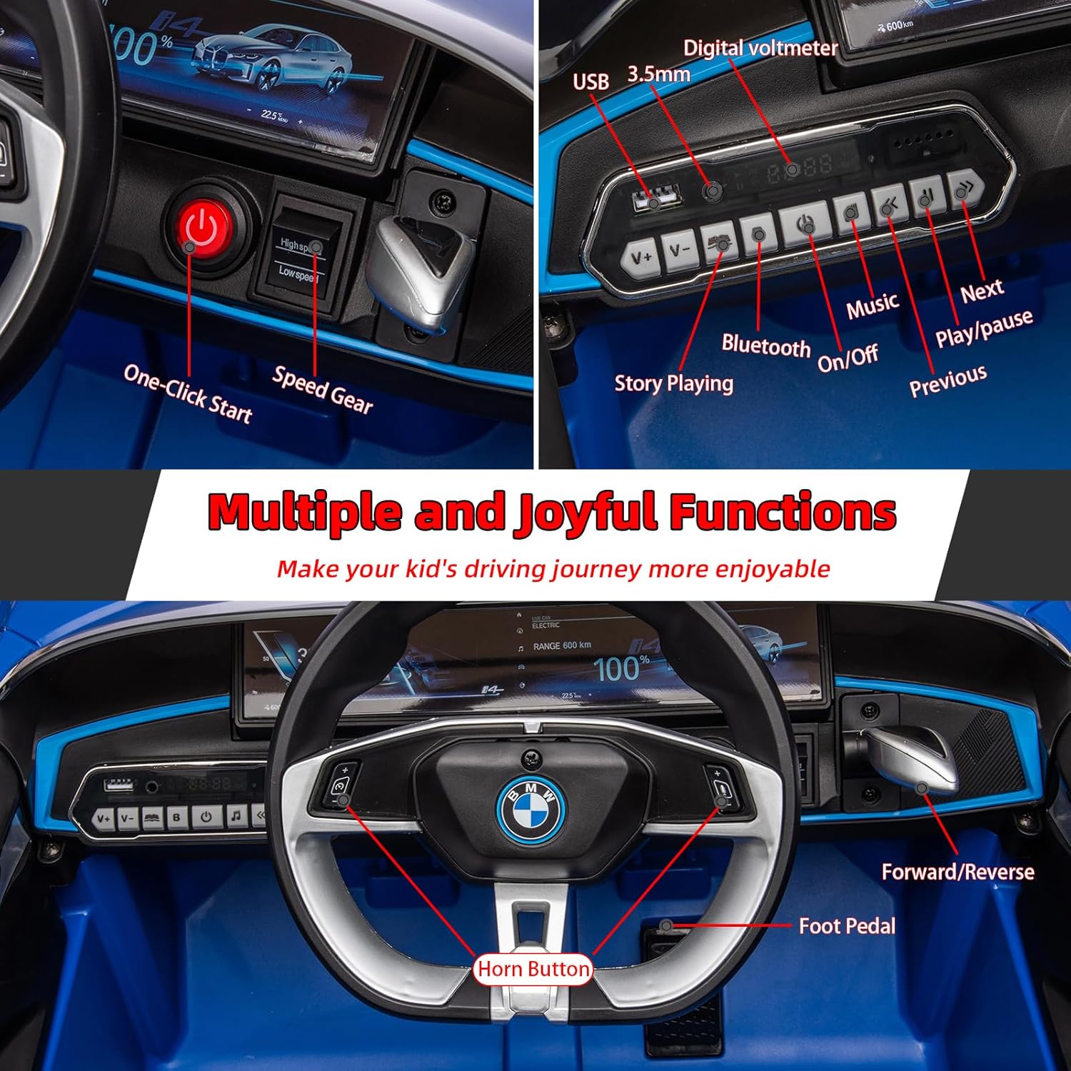 Electric Car for Kids Ride on Car with Remote Control, 12V Ride on Toys Car for Toddlers to Drive, 3 Speeds, Bluetooth Music, Christmas Kids Gifts(Blue)
