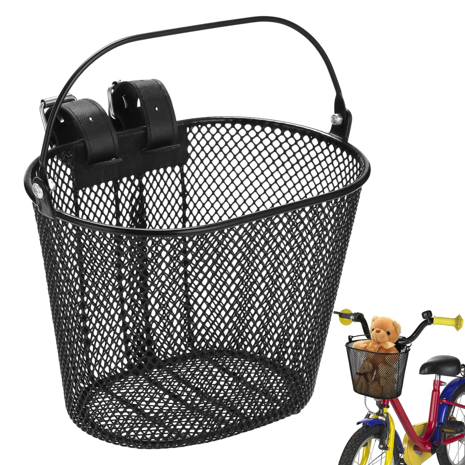 Mały kosz rowerowy na kierownicę, metalowy przedni kosz rowerowy z regulowanymi paskami PU i uchwytem do przenoszenia, zdejmowane akcesoria do przechowywania trójkołowca, skutera, roweru