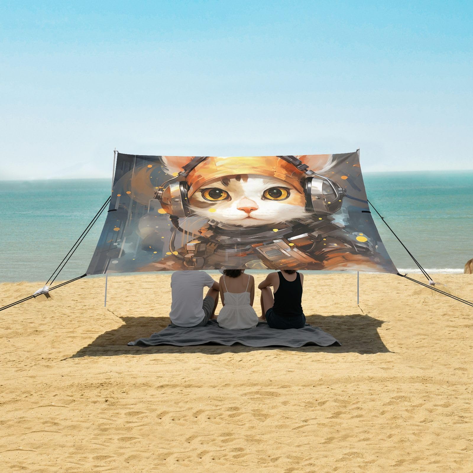 Coole Katze Soldat Kunstwerk Strandzelt Sonnenschutz Camping-Vordach,Einfach Aufzubauen,Tragbar mit Sandsäcken für Angeln und Picknick im Freien