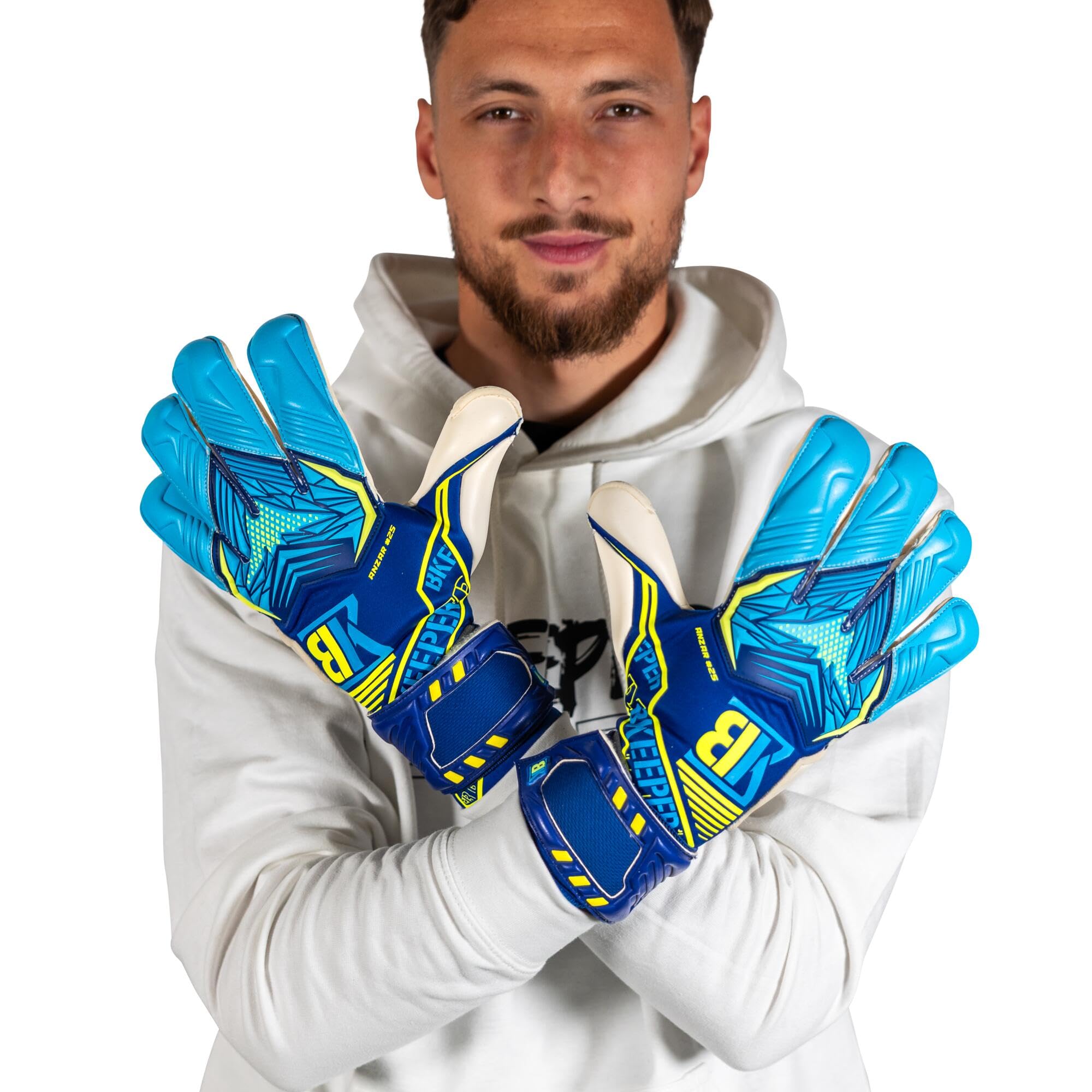 Gants de Gardien ANZAR #25, Bleu, Coupe Hybride, pour Adultes, Mousse Professional Next