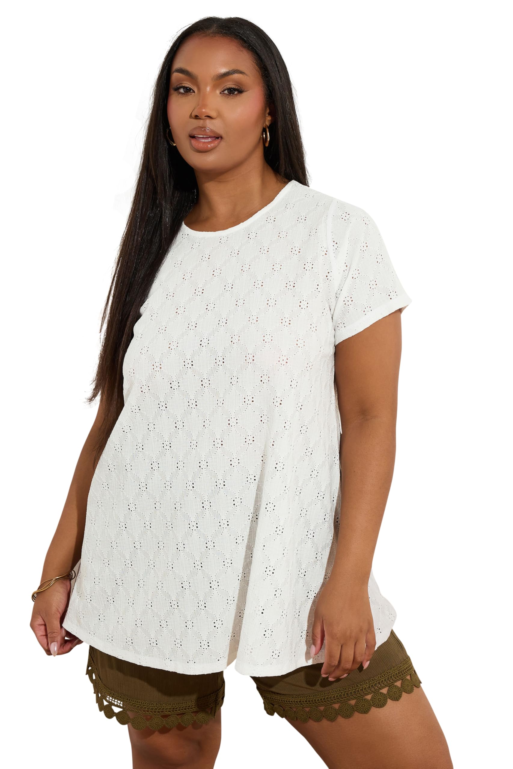 Yours Women's White Curve Broderie Anglaise Textured Swing Top - Plus Curve 20 Plus