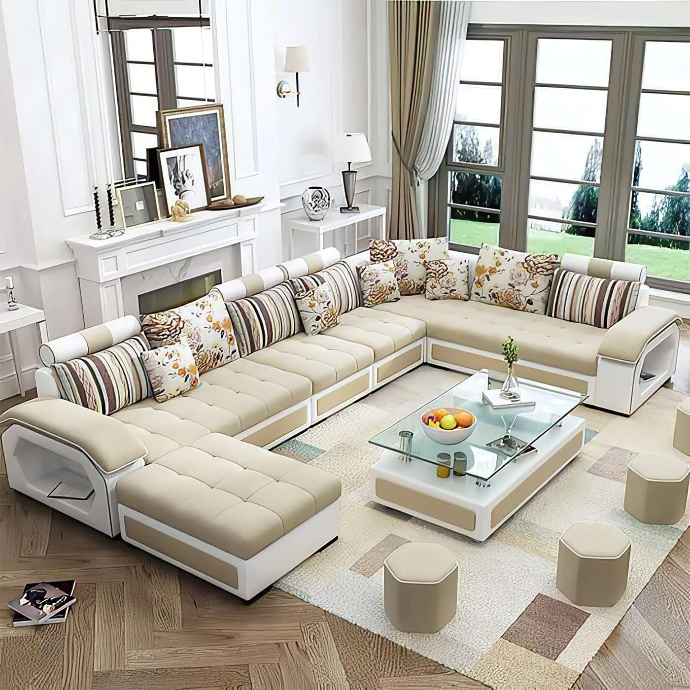 Ripple FURNITURE U Shape 9 Seater Modern Interchangeable Fabric Sofa Set with 4 Puffy (Left, Beige & White)