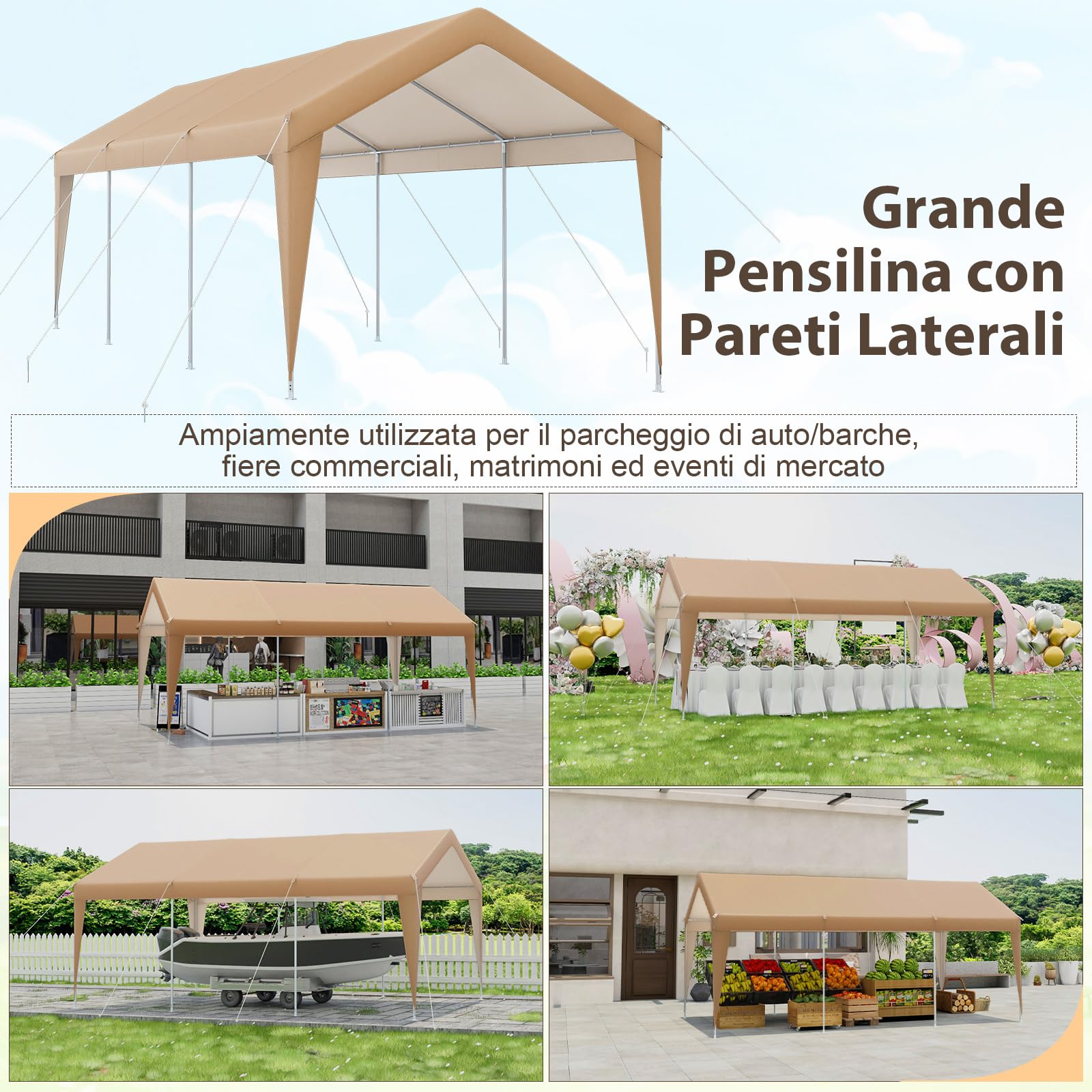 COSTWAY Gazebo Tenda per Posto Auto da Esterno, Tendone Garage per Auto, Carport Tenda Impermeabile in Metallo, 301 x 600 x 285 cm