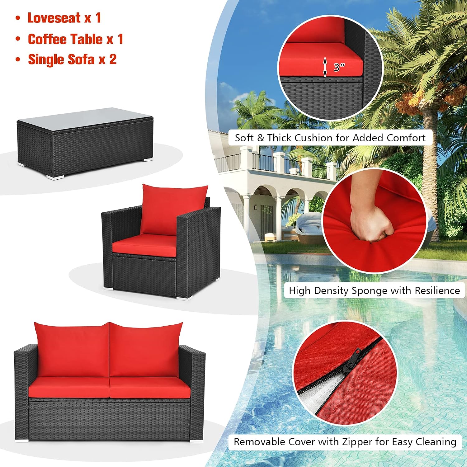 HAPPYGRILL 4PCS Patio Conversation Set Outdoor Rattan Furniture Set with Tempered Glass Tabletop & Removable Cushions Sectional Wicker Sofa Set for Garden Backyard Poolside