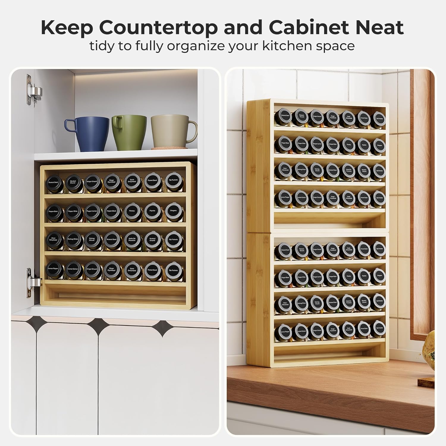 Orimade 4 Tier Spice Rack Organizer for Cabinet with 28 Plastic Spice Jars, Freestanding Bamboo Seasoning Rack for Countertop, Cupboard, Pantry, Kitchen, 13.18 x 4.13 x 12.2 inches