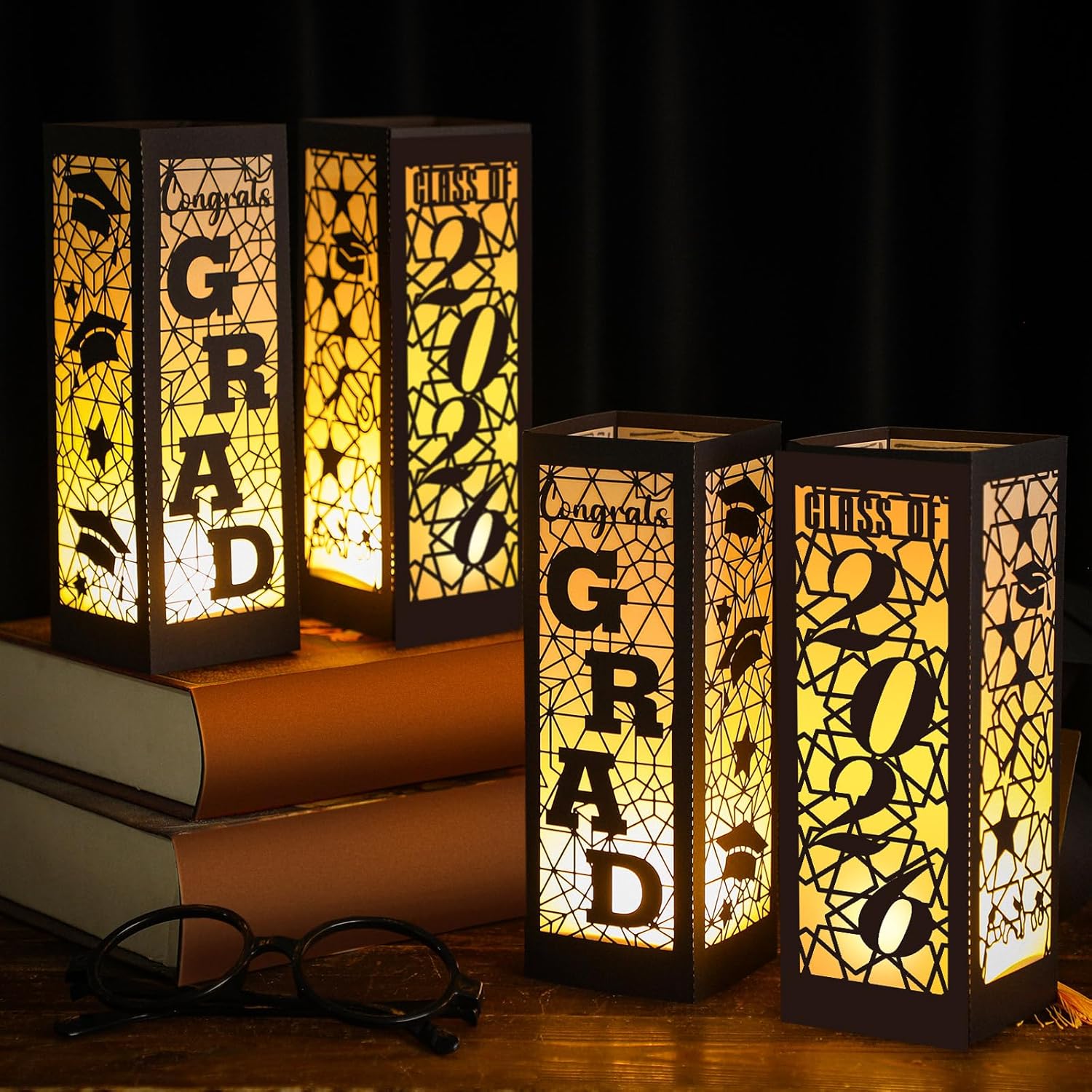 Rossesay 12 Pcs Graduation Table Centerpieces Boxes Class of 2026 Graduation Lanterns for Centerpieces with LED Candles Congrats Grad School College Photo Props for Party Table Decoration (Black)