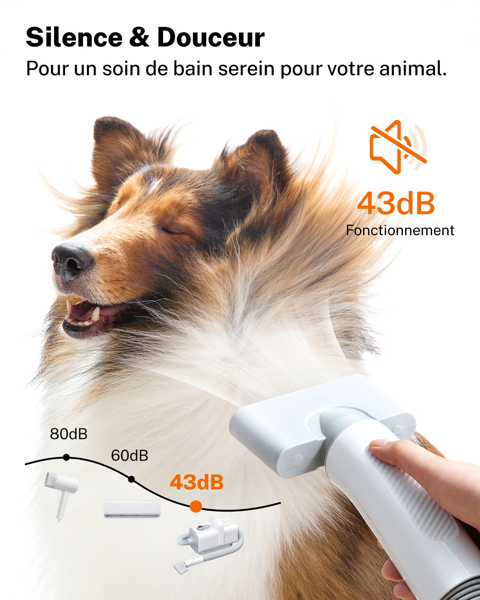 HomeRunPet Pulseur pour Chien 43dB Silencieux, 268mph, Aspirateur Poil de Chien 99 Vitesse et 3 Température réglable, Sèche Cheveux Professionnel pour Chien avec 3 Buses