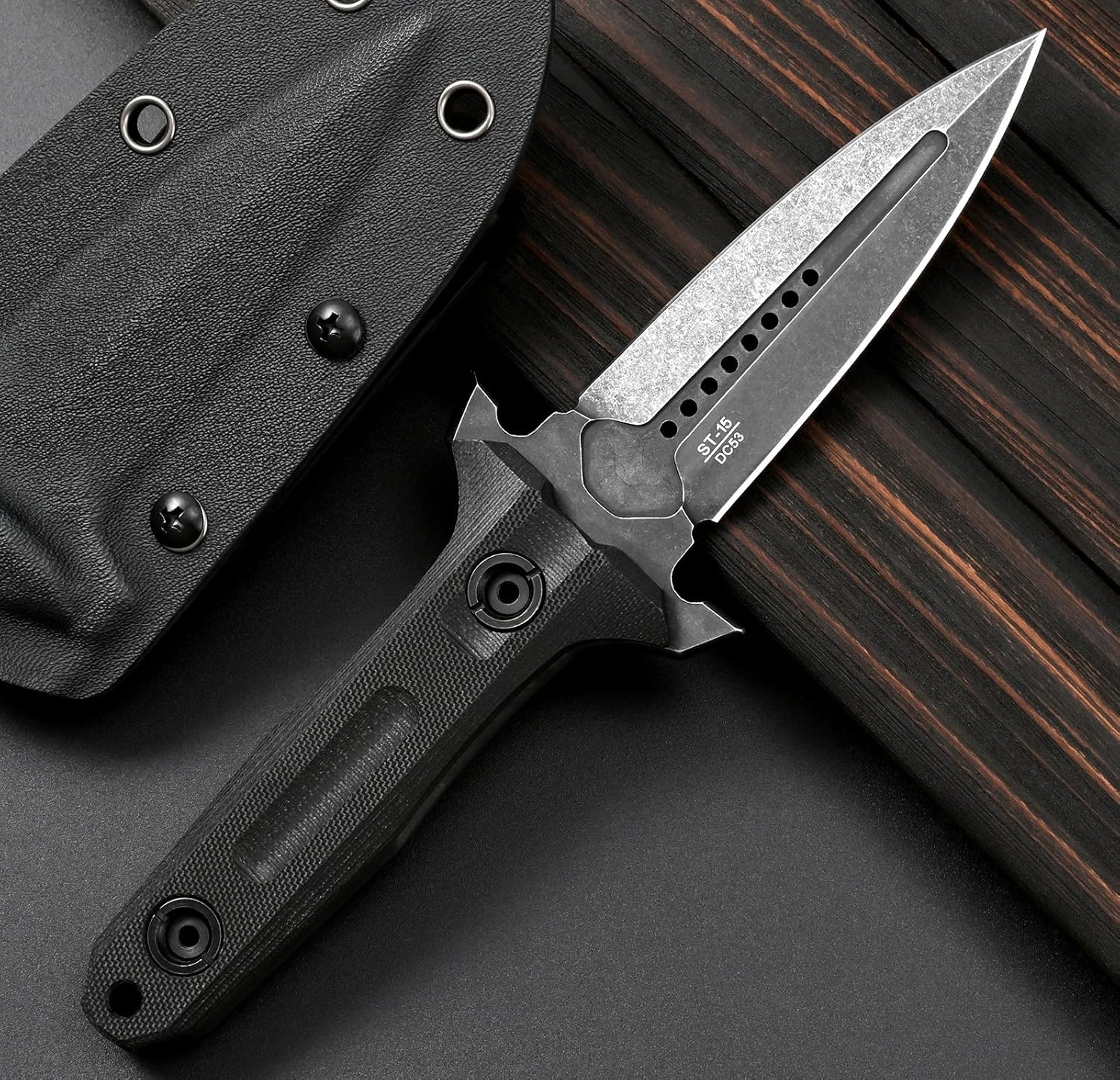Sitivien ST15 Fixed Blade Knife DC53 Black Stonewashed Steel Blade G10 Handle Full Tang Camping Knife for Outdoor, Tactical, Survival and EDC (Black)