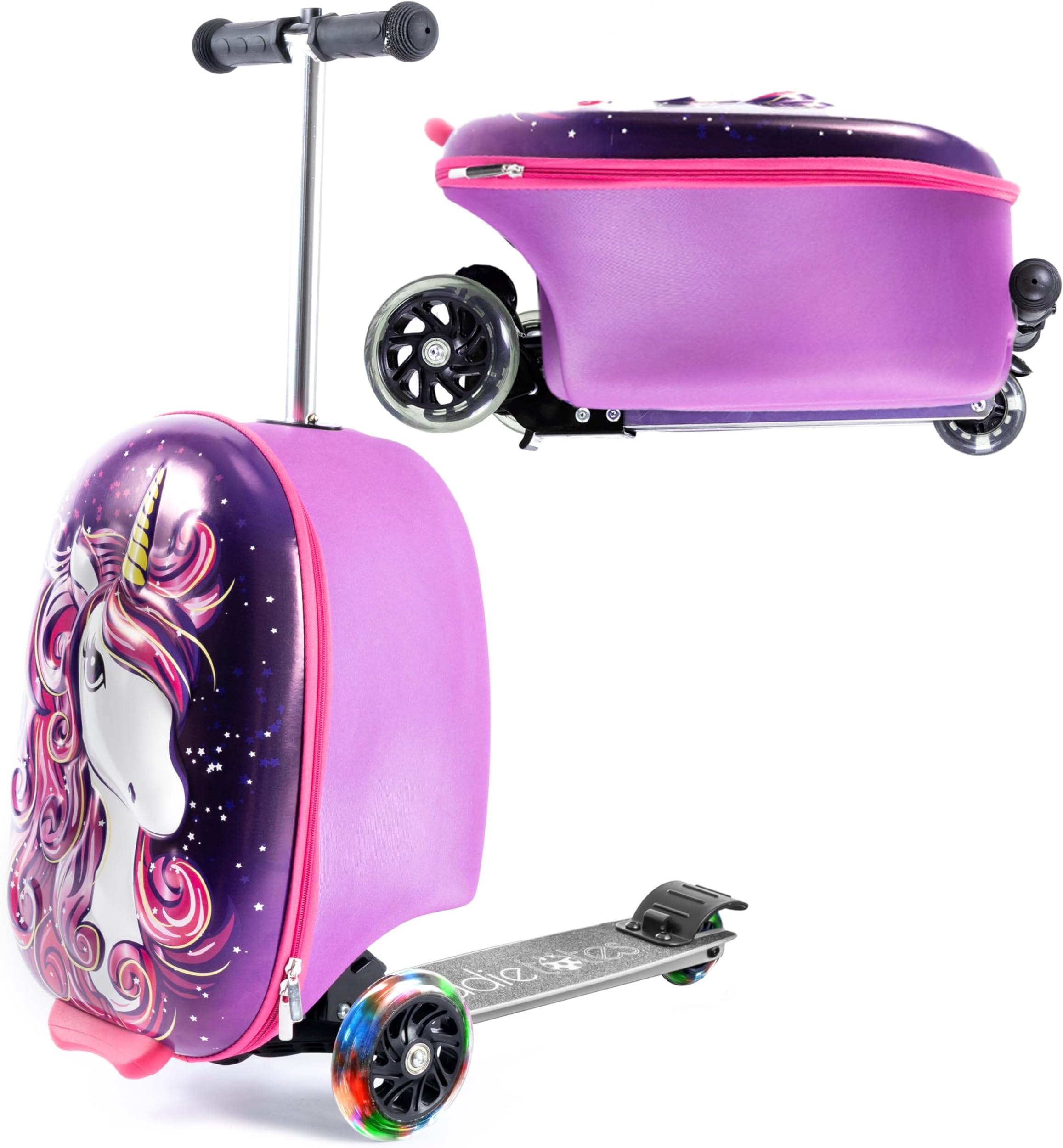KIDDIETOTES 3-D Hardshell Ride On Suitcase Scooter for Kids - Cute Lightweight Kids Carry-On Luggage with LED Lit Wheels - Updated 2022 Wheel Design, Purple, 13.5 Inch x 9 Inch x 20 Inch, Unicorn