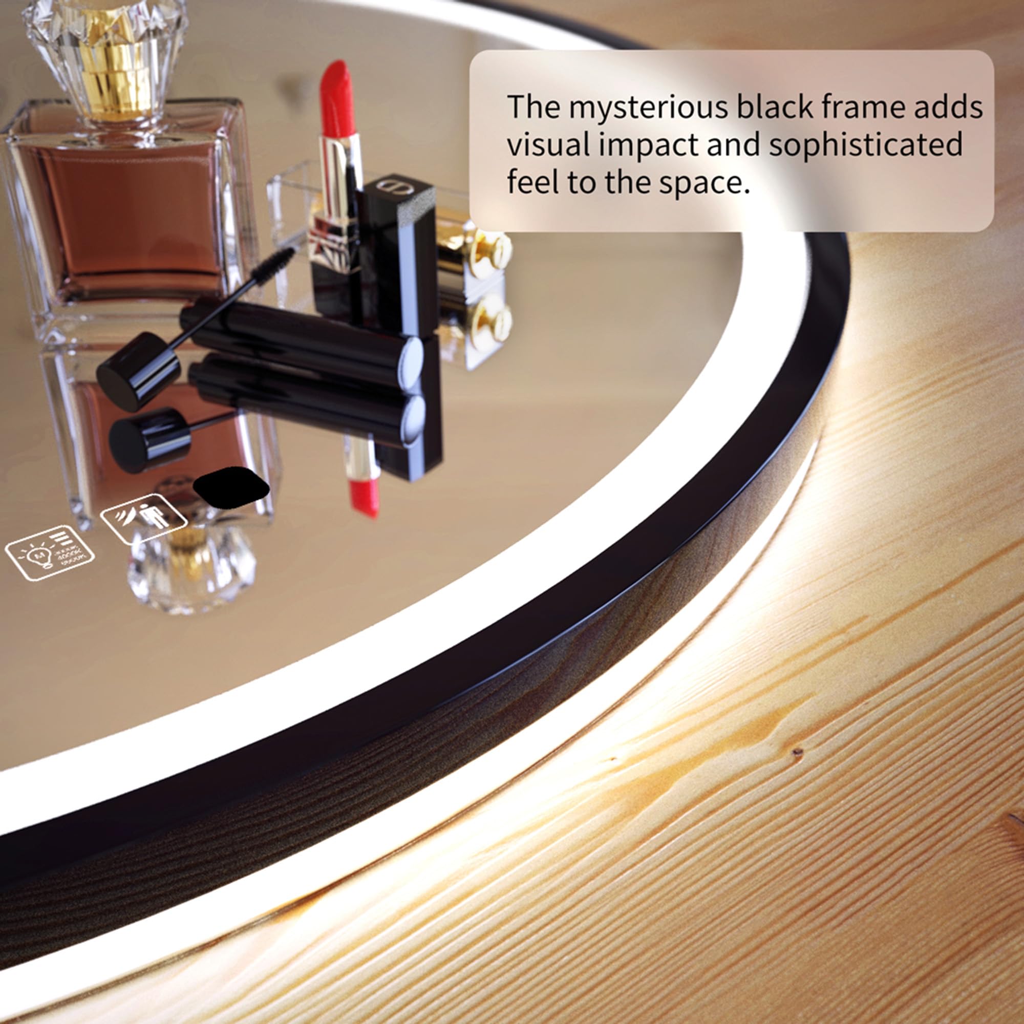 GANPE Miroir de courtoisie Rond à capteur LED, avec éclairage à intensité Variable, Anti-buée, étanche IP44, pour Salle de Bain (Noir, 70L x 70l cm)