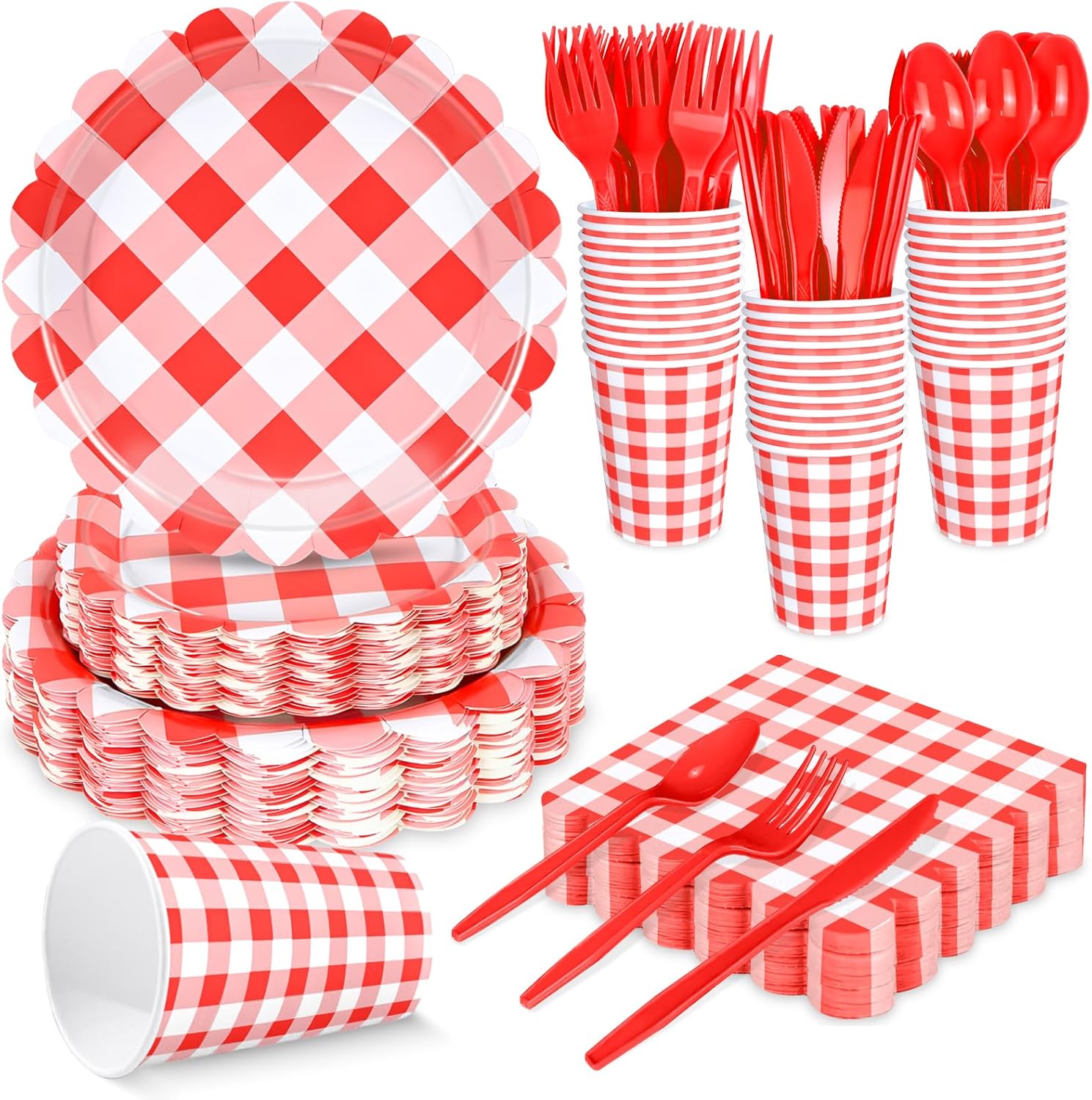 WNINK 350 PCS Red Gingham Plates and Napkins, Red Checkered Disposable Plates Set with Napkins Cups Plastic Spoons Forks Knives for Dinner Birthday Baby Shower Wedding Supplies Serve 50 Guests