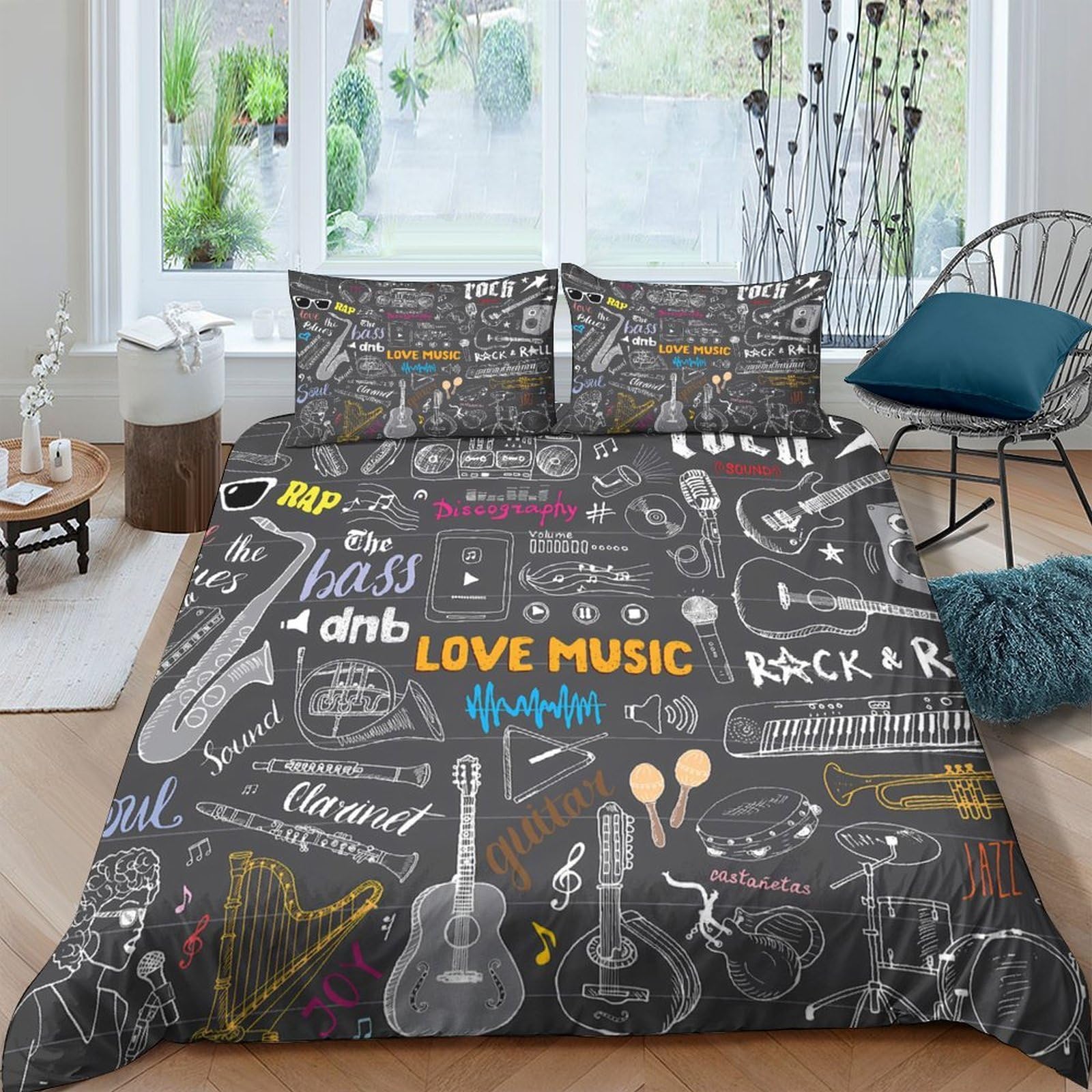 Ctjqhvkz Style-9 3D Printed Music Graffiti Fitted Sheet Microfiber Soft Anti-Slip Bed Cover For Bedroom Guest Room Easy Care Single（135X200cm）