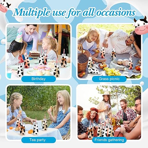 Miniatura 6 de Juego de 24 botellas de leche de plástico de 7 onzas con pajitas, tapas de metal plateado, calcomanías de leche con estampado de vaca, recipientes