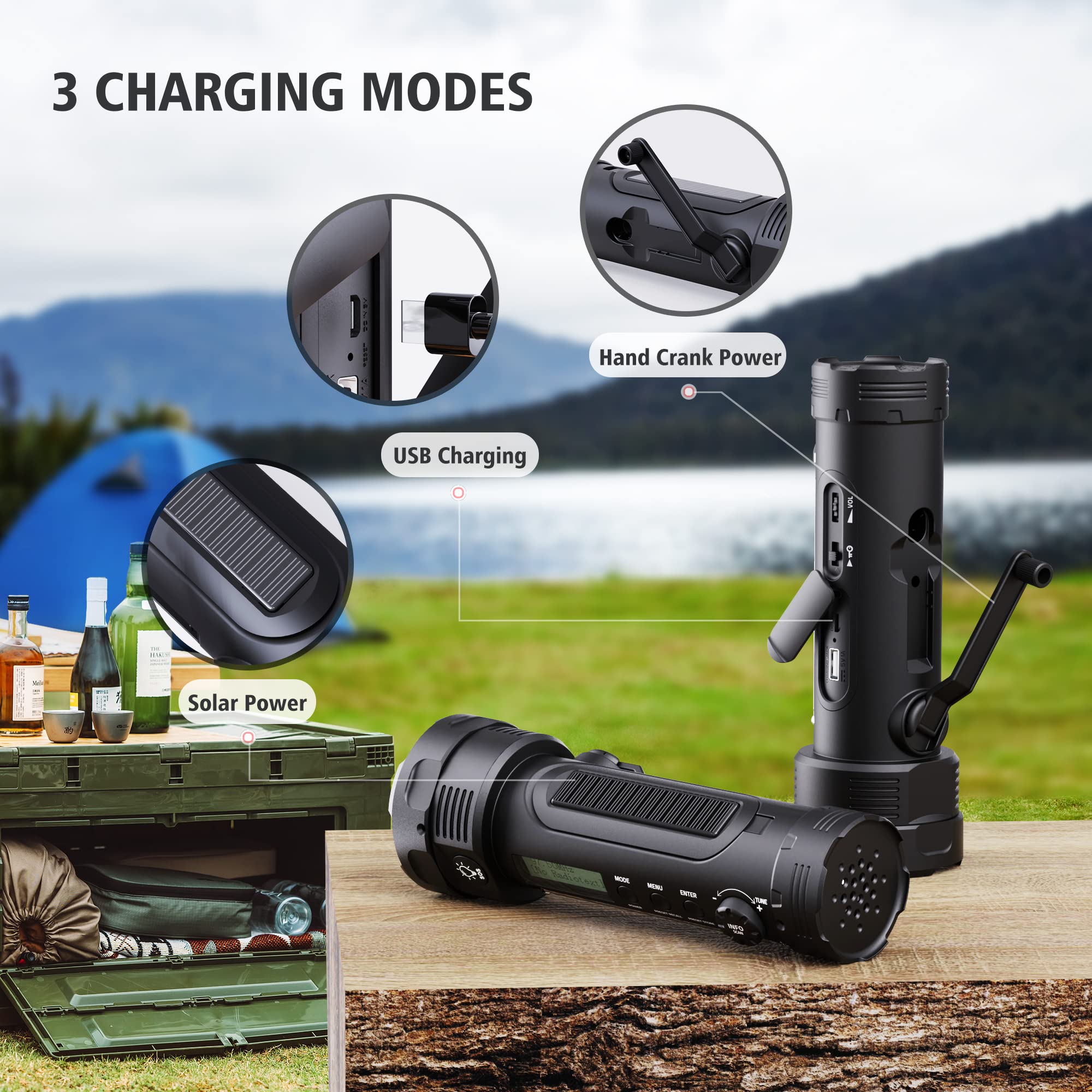 AM/FM Draagbare zwengelradio, dynamo, noodradio met 4000 mAh oplaadbare batterij, led-zaklamp, SOS-alarm voor camping, outdoor, noodgevallen, grijs