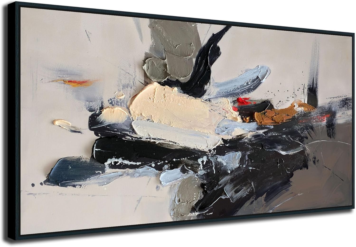 Arjun Abstract Canvas Wall Art Textured Large 48“x24” Wood Framed- Black Beige B…