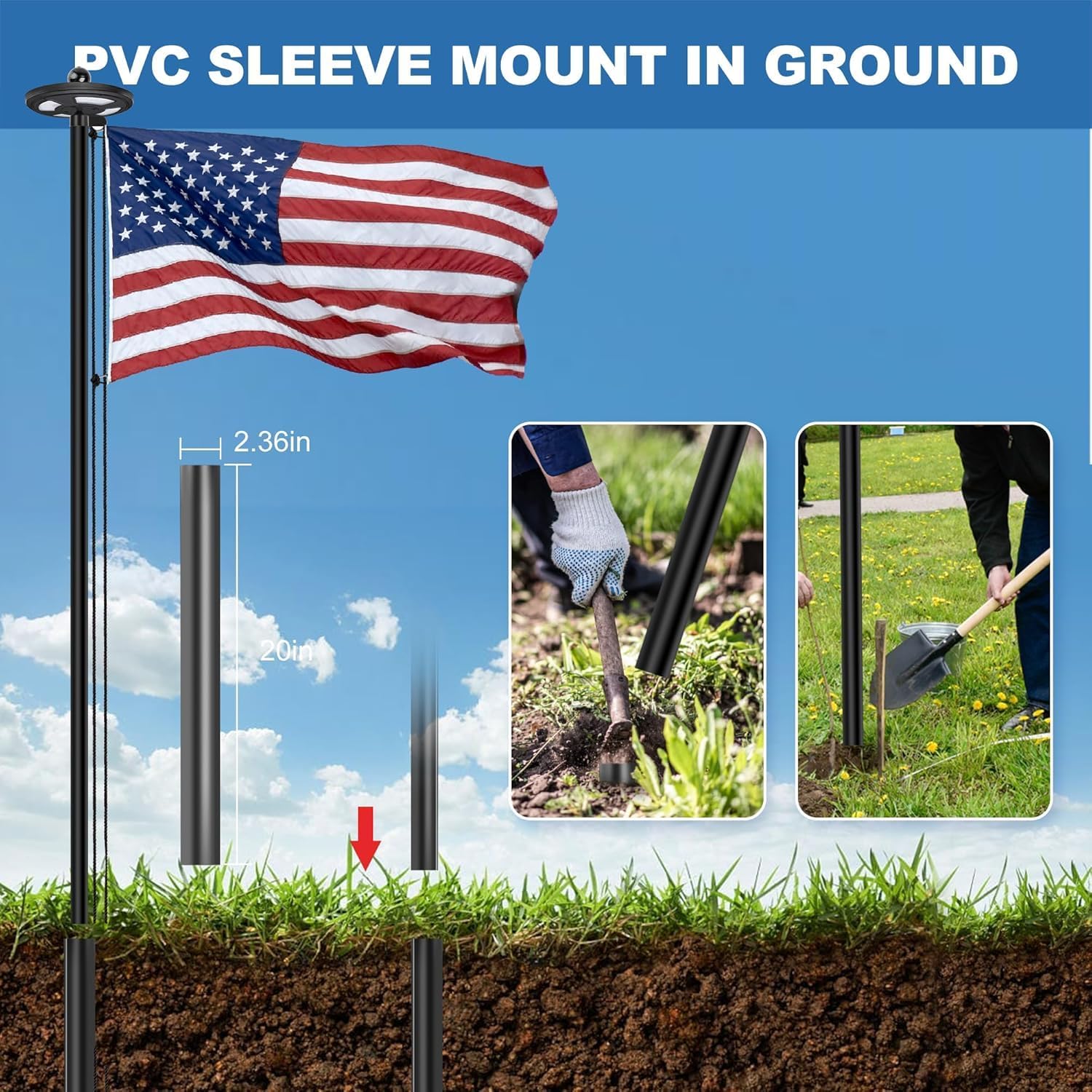 25FT Black Flag Pole Kit with Solar Light in Ground, 12 Gauge Extra Thick Aluminum Flagpole with 3x5 TearProof Embroidered American Flag and 126 LED Light,10 Hour Dusk to Dawn US Flag Set for Outdoor
