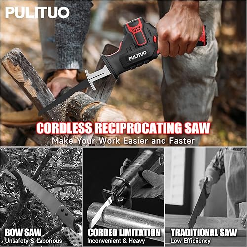Miniatura 2 de PULITUO Sierra recíproca inalámbrica, velocidad 3000SPM, con mordaza de sujeción, batería de 2000 mAh, carga rápida de 1 hora, guantes de seguridad