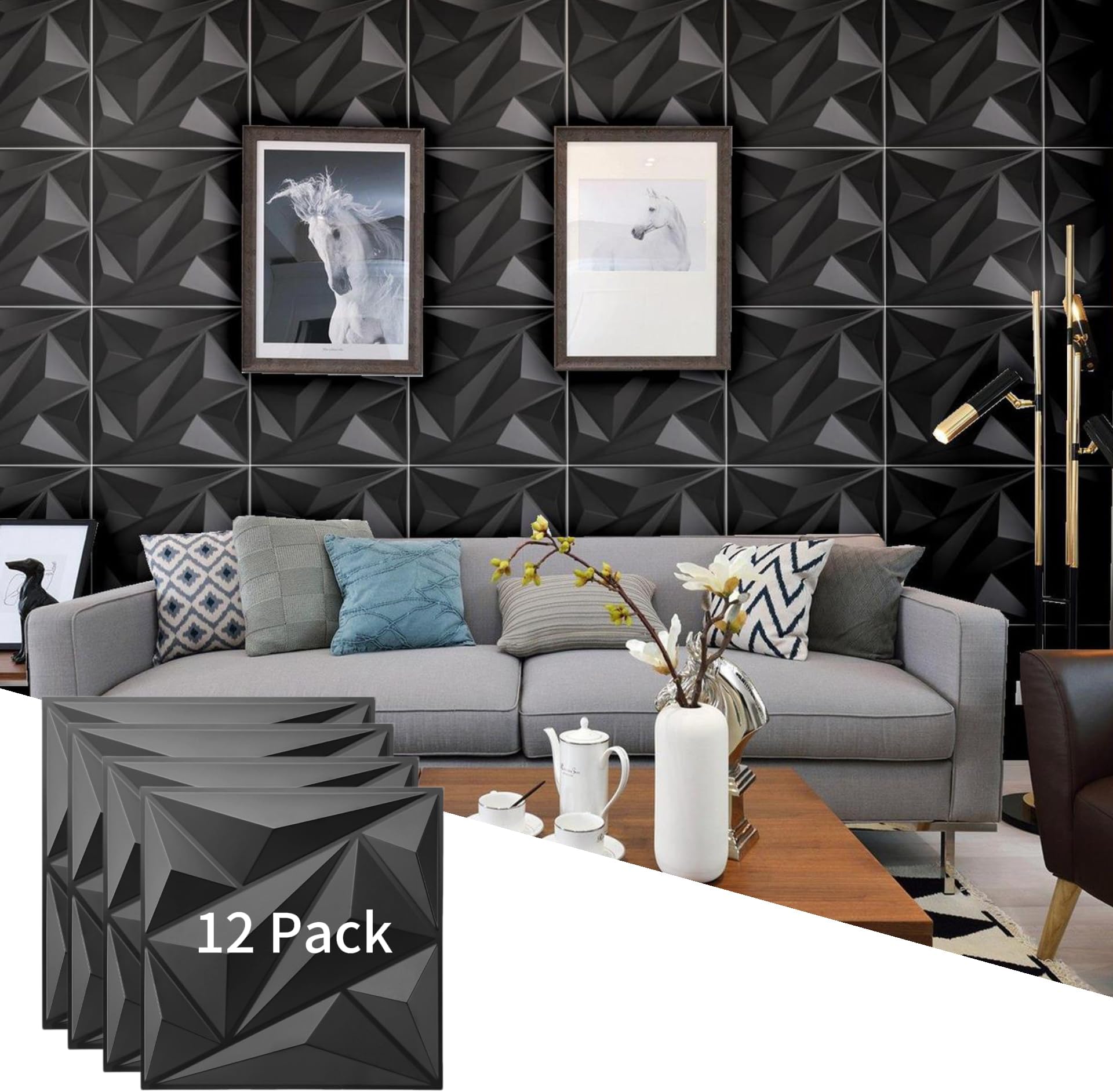 BoodLo 12 PCS 3D Wall Panels 30 x 30cm(11.8''), Diamond Design Decorative 3D Wall Panels,PVC Flame Retardant, Moisture and Mildew Proof, Suitable for Living Room, Bedroom and Hotel (Black)