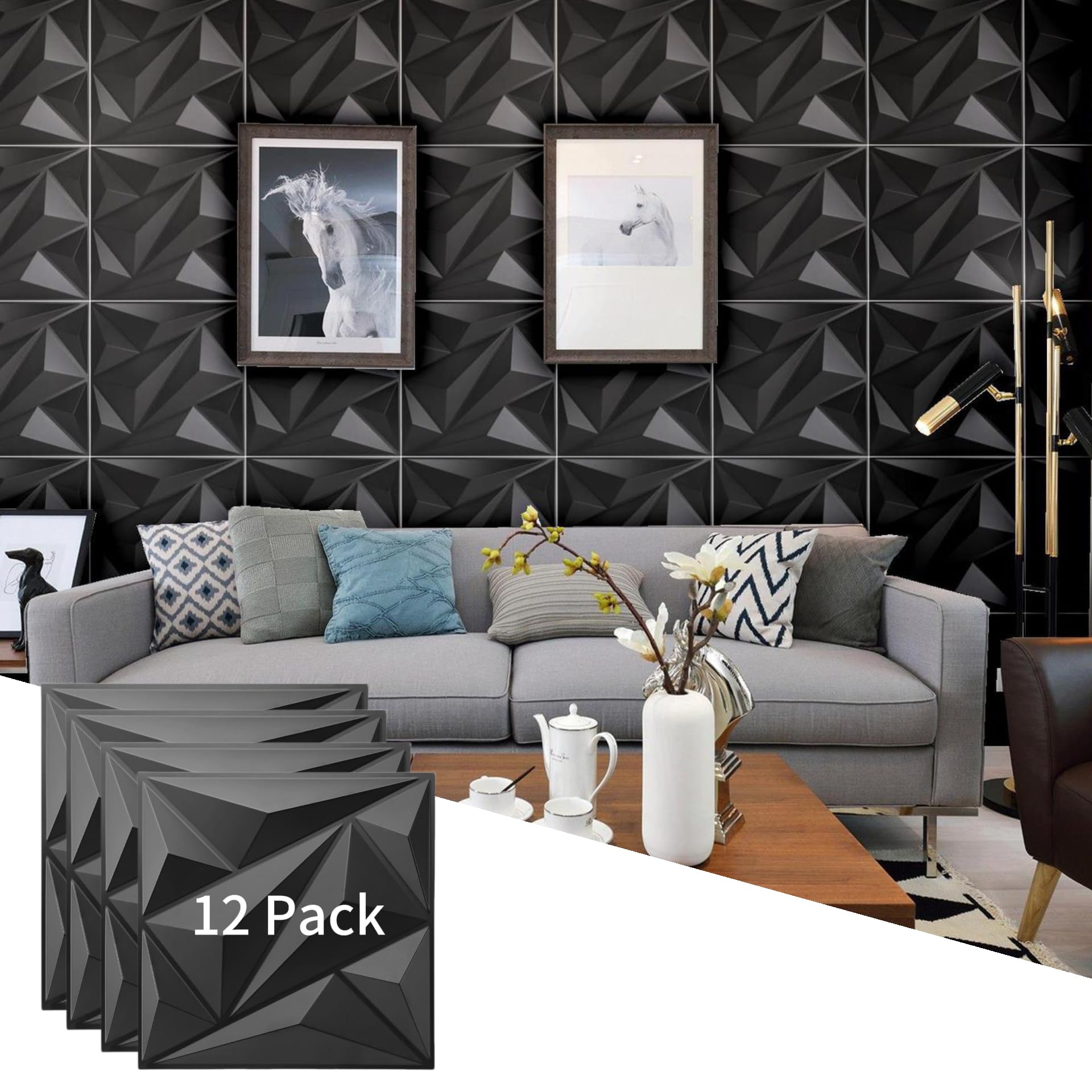 BoodLo 12 PCS 3D Wall Panels 30 x 30cm(11.8''), Diamond Design Decorative 3D Wall Panels,PVC Flame Retardant, Moisture and Mildew Proof, Suitable for Living Room, Bedroom and Hotel (Black)
