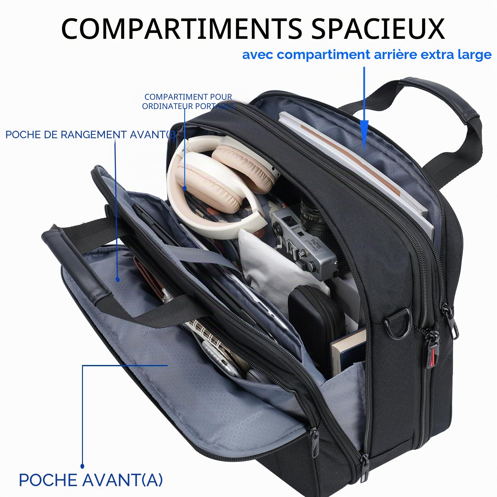VANKEAN Mallette pour Ordinateur Portable pour Homme Femme, Convient Jusqu'à 17,3 Pouces pour Extensible de Supérieure pour Sac à Bandoulière Hydrofuge pour Voyage/Affaires/École,Noir