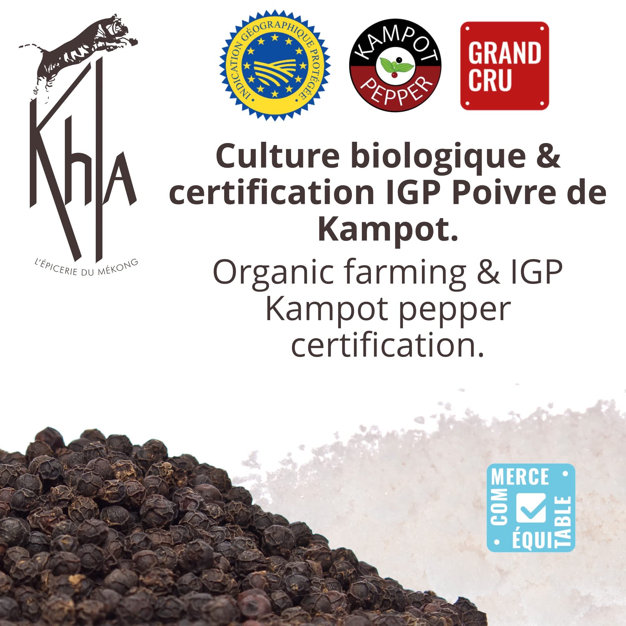 KHLA - Duo Pimienta negra de Kampot y Flor de sal de Kampot - Embalaje Tradicional en Hojas de Palma - 2x 100g