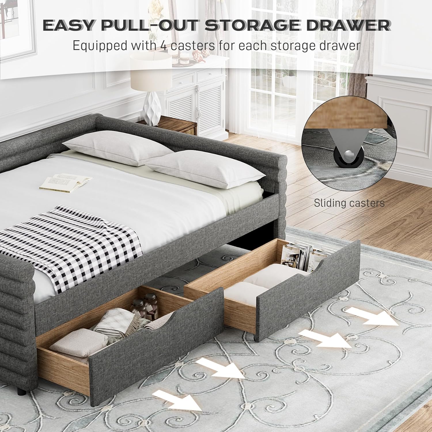 Full Size Daybed with 2 Storage Drawers, Upholstered Day Bed Frame with Backrest and Wood Slat Support, Morden Full Sofa Bed in Linen for Bedroom Guest Room, No Box Spring Needed, Grey