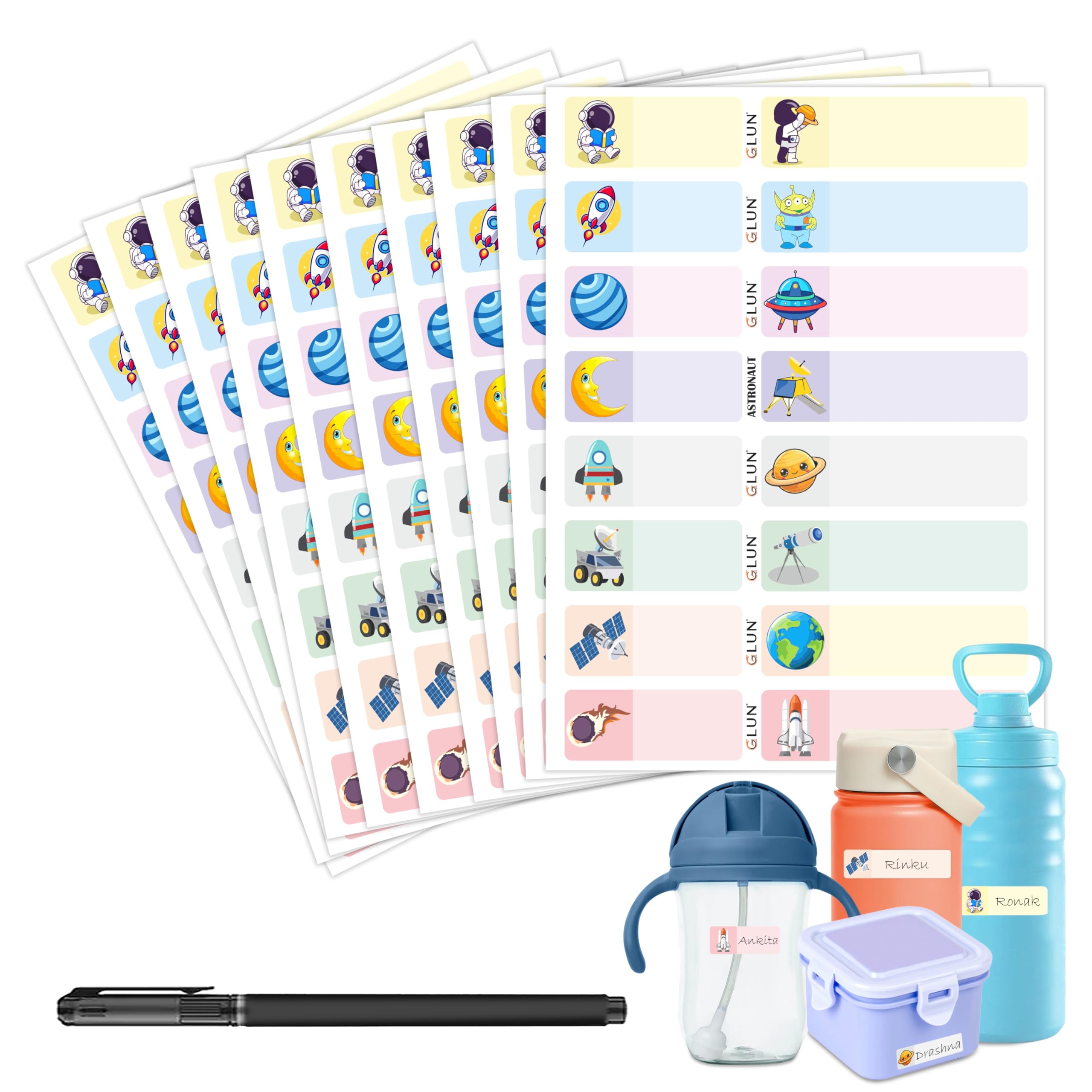 GLUN® Astronaut Waterproof Name Stickers, 160 Durable Labels (10 Sheets) for Baby, Kids Bottles, Lunch, Kitchen & Pantry – Reusable Self-Adhesive Stickers Pack of 1