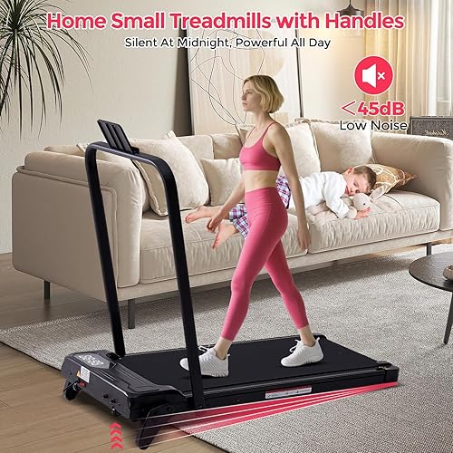 Miniatura 7 de Caminadora compacta con barra de asa, 3.5 HP portátil eléctrica pequeña caminadora con asas para espacios pequeños en el hogar, capacidad de 350