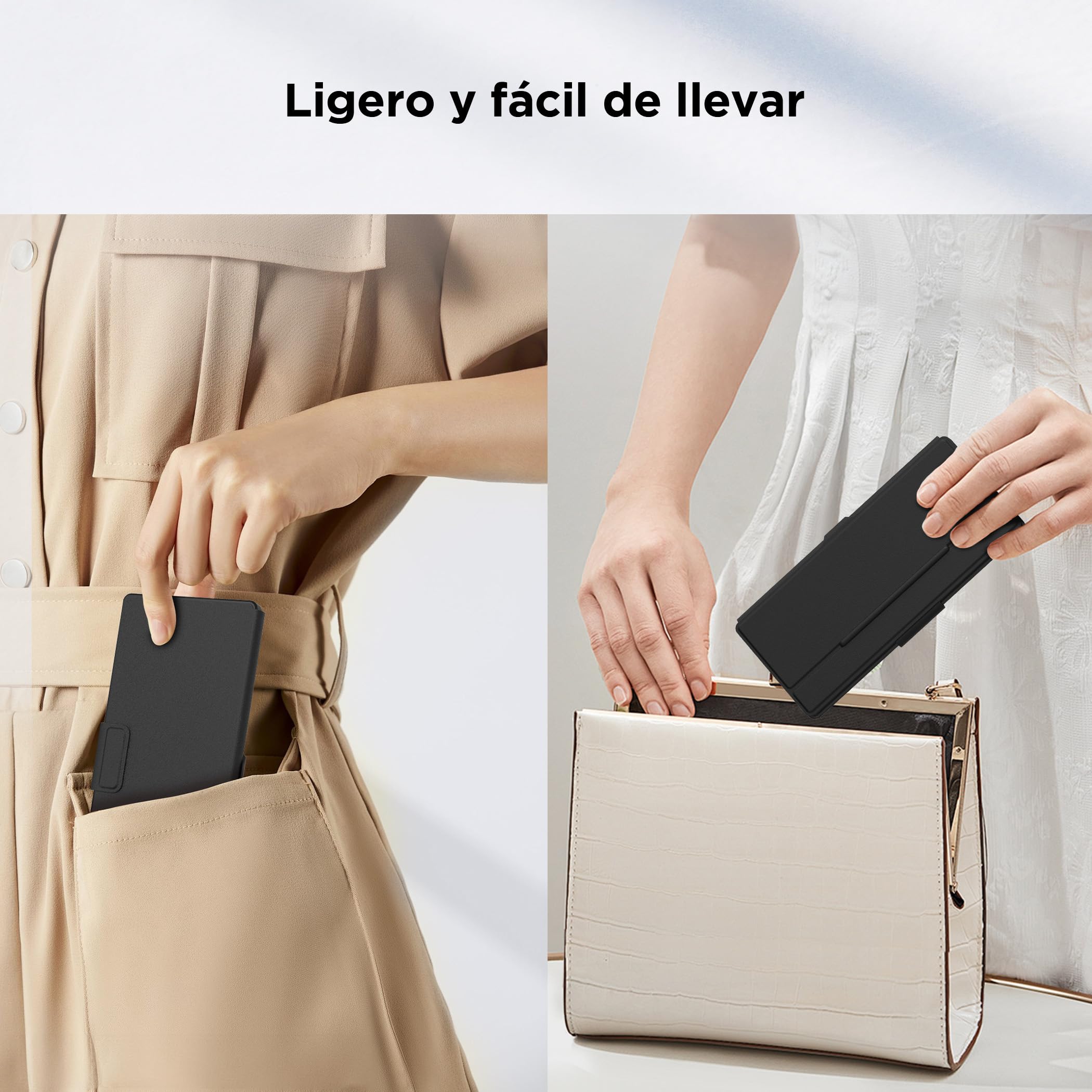 CACOE Teclado Bluetooth con Soporte, Mini Teclado para iPad, [Español] Portátil, Plegablede Doble Canal para Tablet/iPhone/iOS/Android Tablet/Windows, Negro