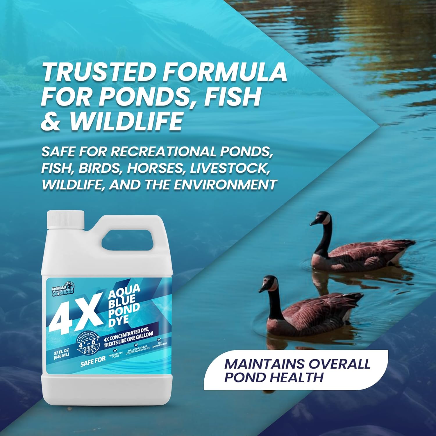 32oz Aqua Blue Pond Dye 4X Concentrate, Lake & Pond Dye Blue for Aqua Colored Water, Ideal Lake Colorant, Aquashade Colorant that Protects Against Sunlight - Ideal for Fish and Wildlife