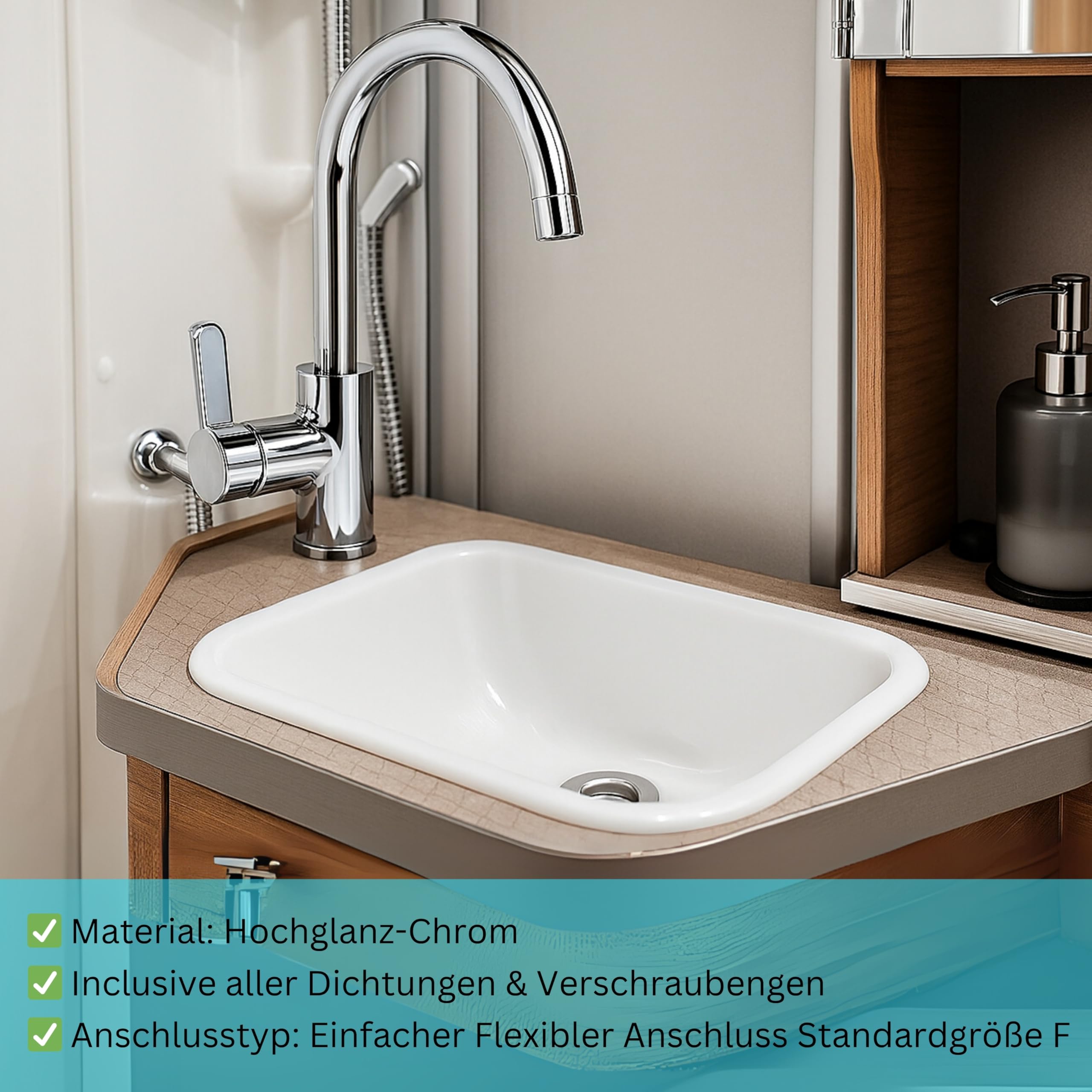 Comet Lucca Einhebelmischer für Wohnmobil und Wohnwagen, 12 V, Chrom, 360° drehbarer Mikroschalter, 12 V Wasserhahn