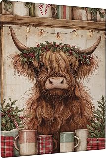 Highland Cow Canvas Kitchen Wall Art, Rustic Farmhouse Holly Mugs Christmas Brown Artwork Wall Hanging Painting Apartment Living Room Bedroom Breakfast Nook Decor 12x16 Inch