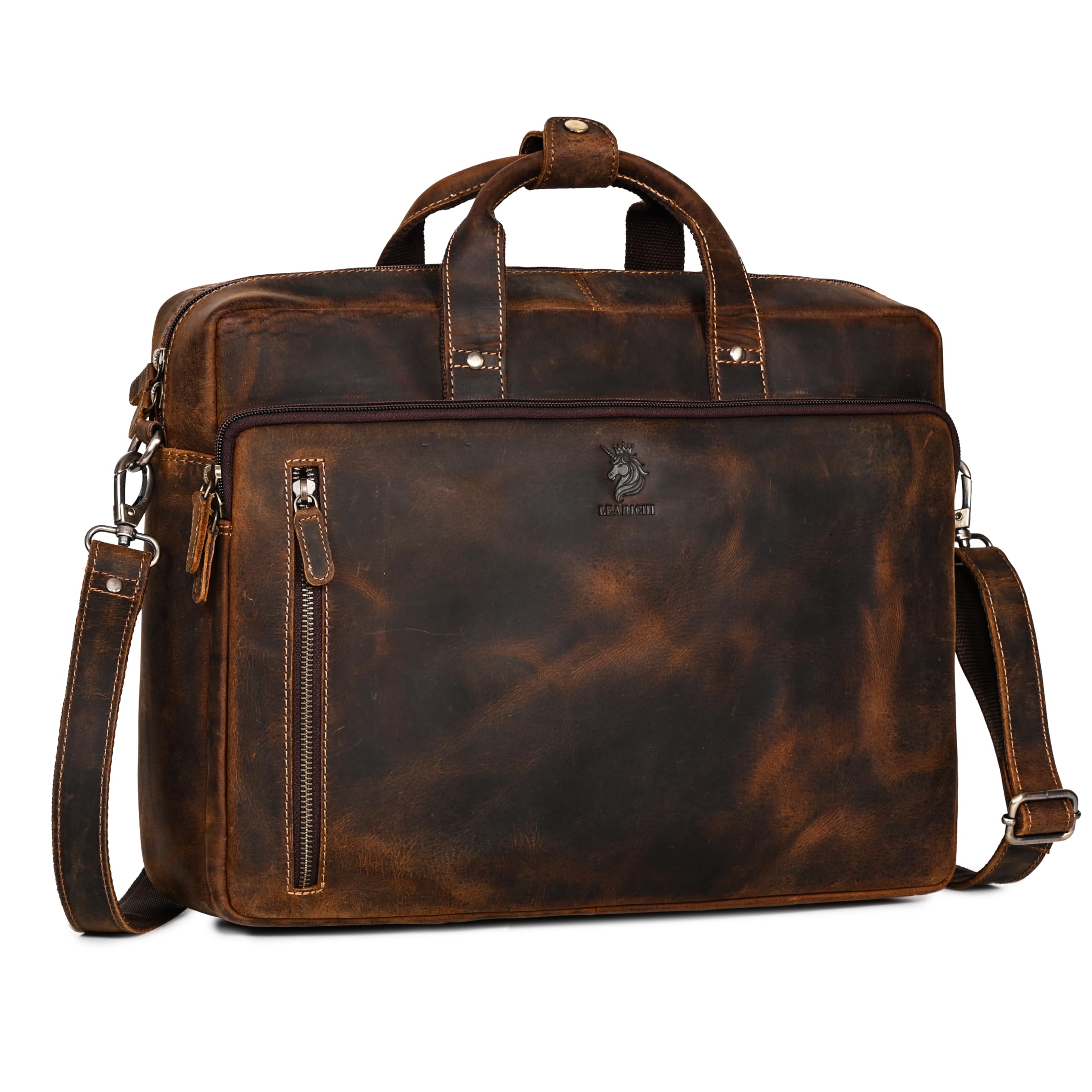 16 pulgadas Cazador hecho a mano Desesperado Cuero Portátil Hombro Maletín para Hombres Bolso Marrón Estilo Vintage Con Compartimento Acolchado Bolsillo Vertical