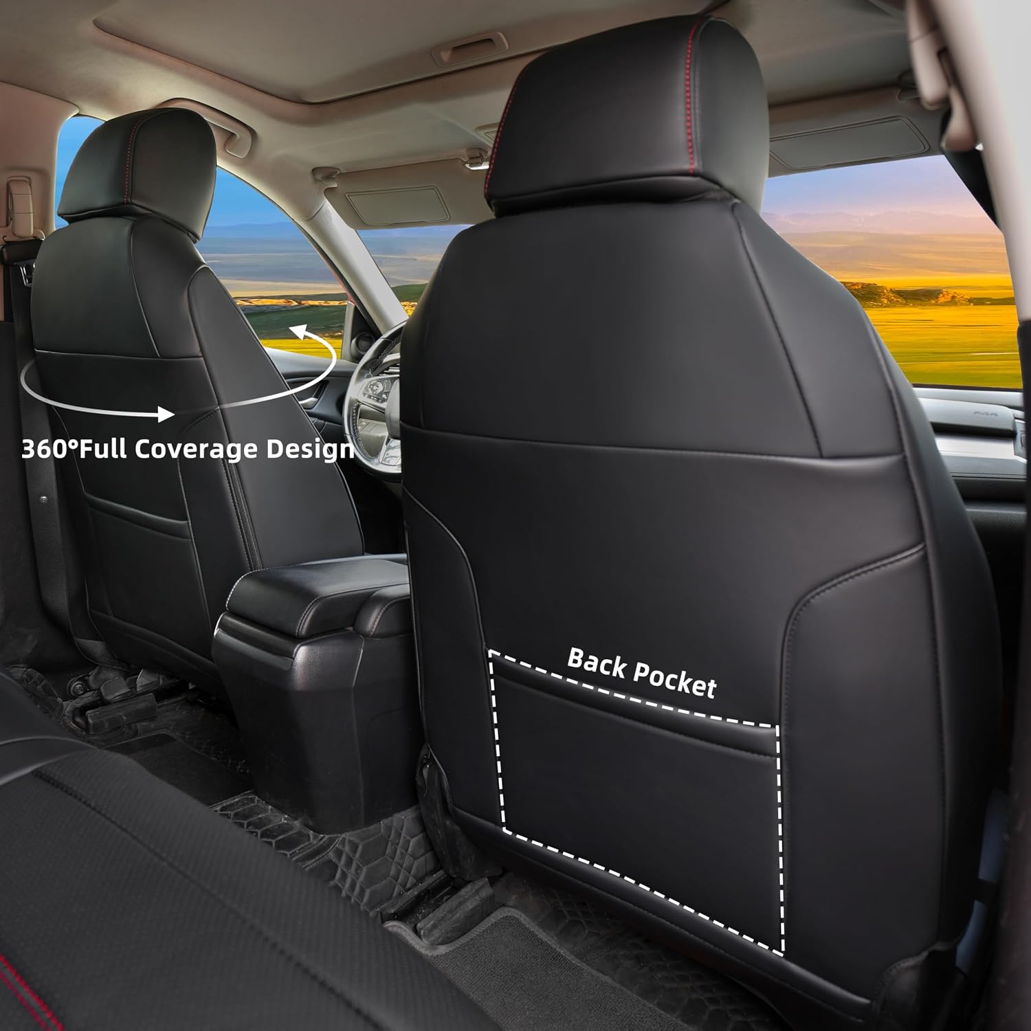Lolcar Custom Fit Civic Seat Covers for Honda Civic 2016 2017 2018 2019 2020 2021 Hatchback EX,Sport Touring,EX-L - 5-Seats Leather Full Set，Black red line(60/40 Split Seatback)