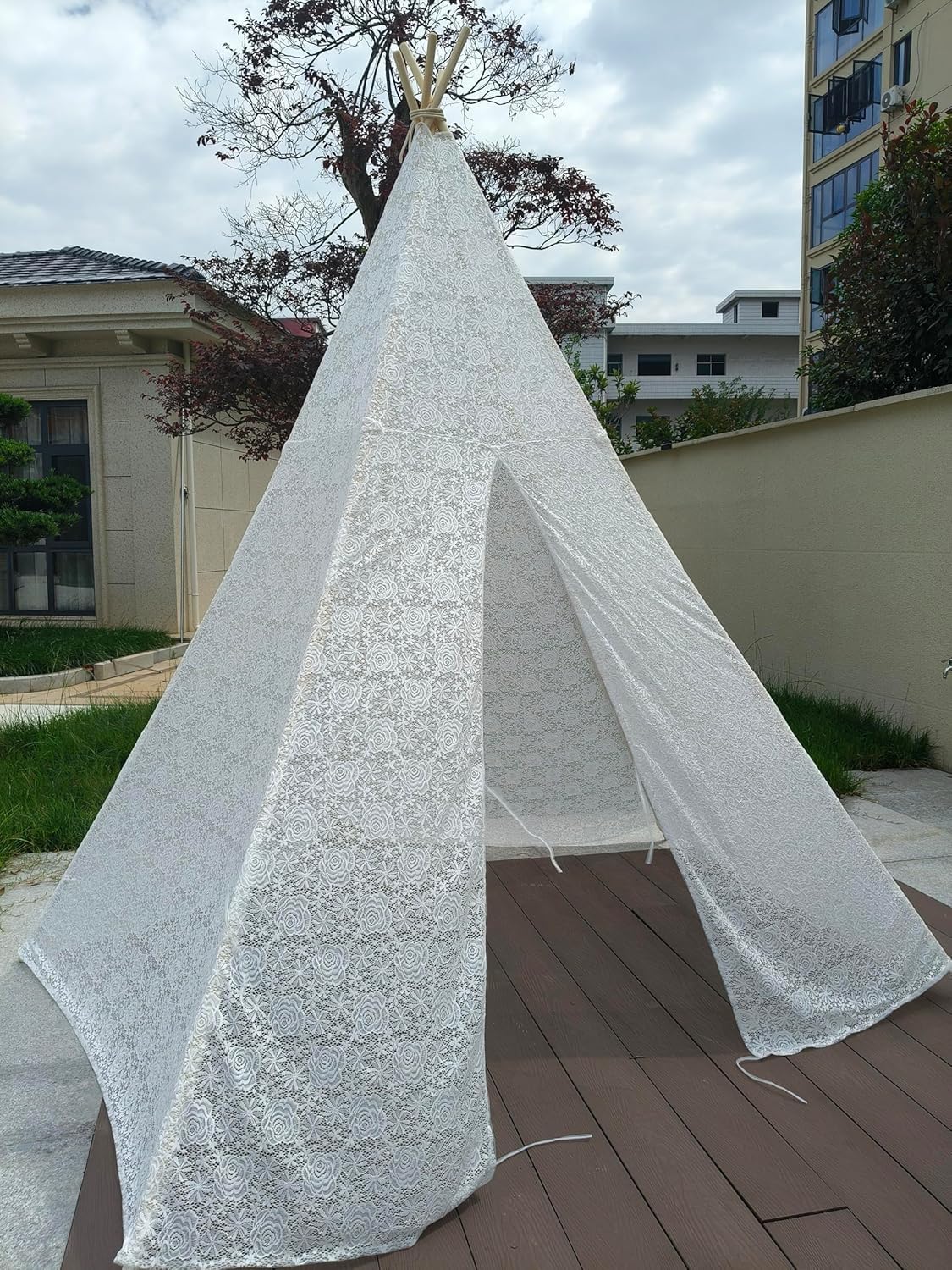 Adult White 5-Pole Lace Indian Style Tent, 85" Height, Indoor-Outdoor Party Picnic House, Outdoor Wedding Tent, Girls Play House