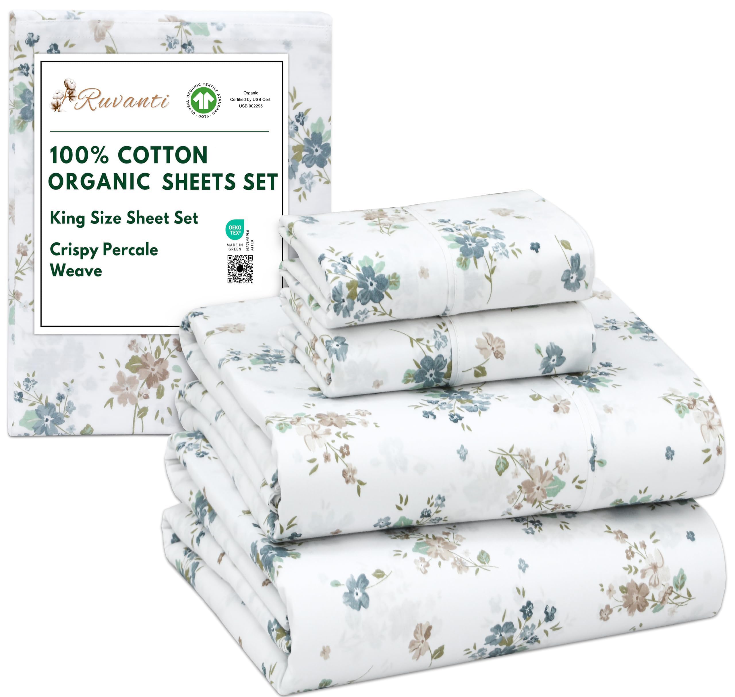 RUVANTI 100% Organic Cotton Sheets King Size, Percale Weave, GOTS Certified, 4-Piece Set, Deep Pocket 15", Crisp & Breathable, Soft Durable Bedding, Sábanas Algodón Orgánico – Halcyon