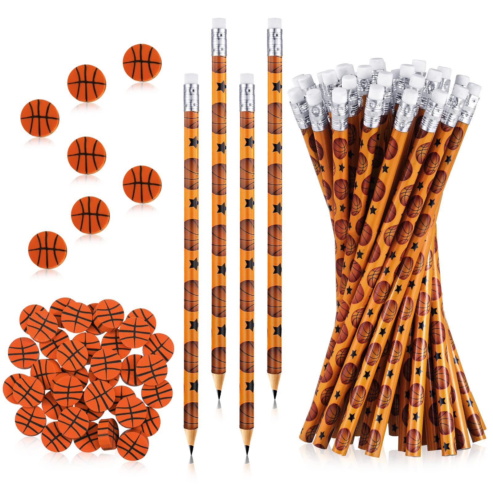 Tinlade 72 Pcs Basketball Pencils and Erasers Fun Wooden Pencils for Kids Boys Sports Themed Stuff Birthday Party Favors Gifts Goodie Bags Students Stationery School Office Supplies Teacher Prizes