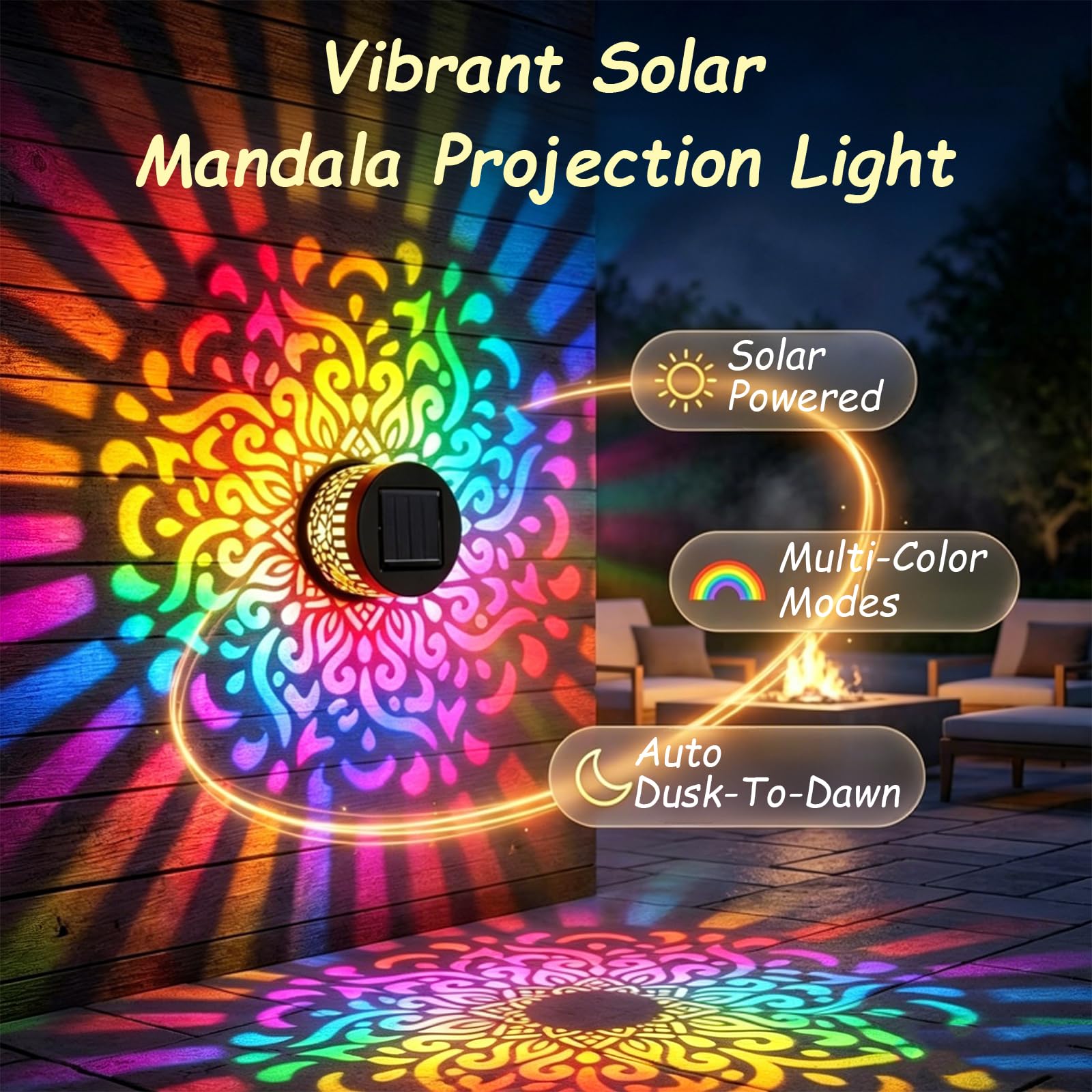 Solar Mandala Gartenleuchte Kabellos,Projektionslampe Mit Farbwechsel | Wasserdichte,Durchbrochene Eisenleuchte,Dekorative Beleuchtung FüR Gartenwege,Wandmontage,Stimmungsvolles Abendlicht